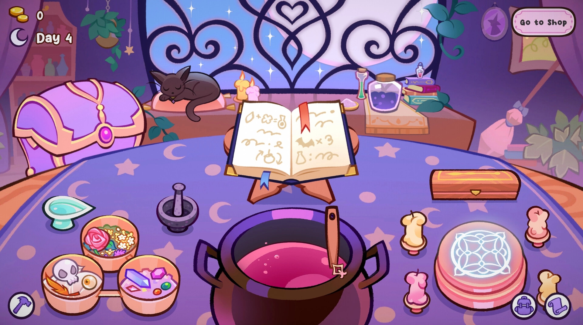 Witchy Business: Alchemy station with potion cauldron, spellbook, and ingredients in cozy witch shop.