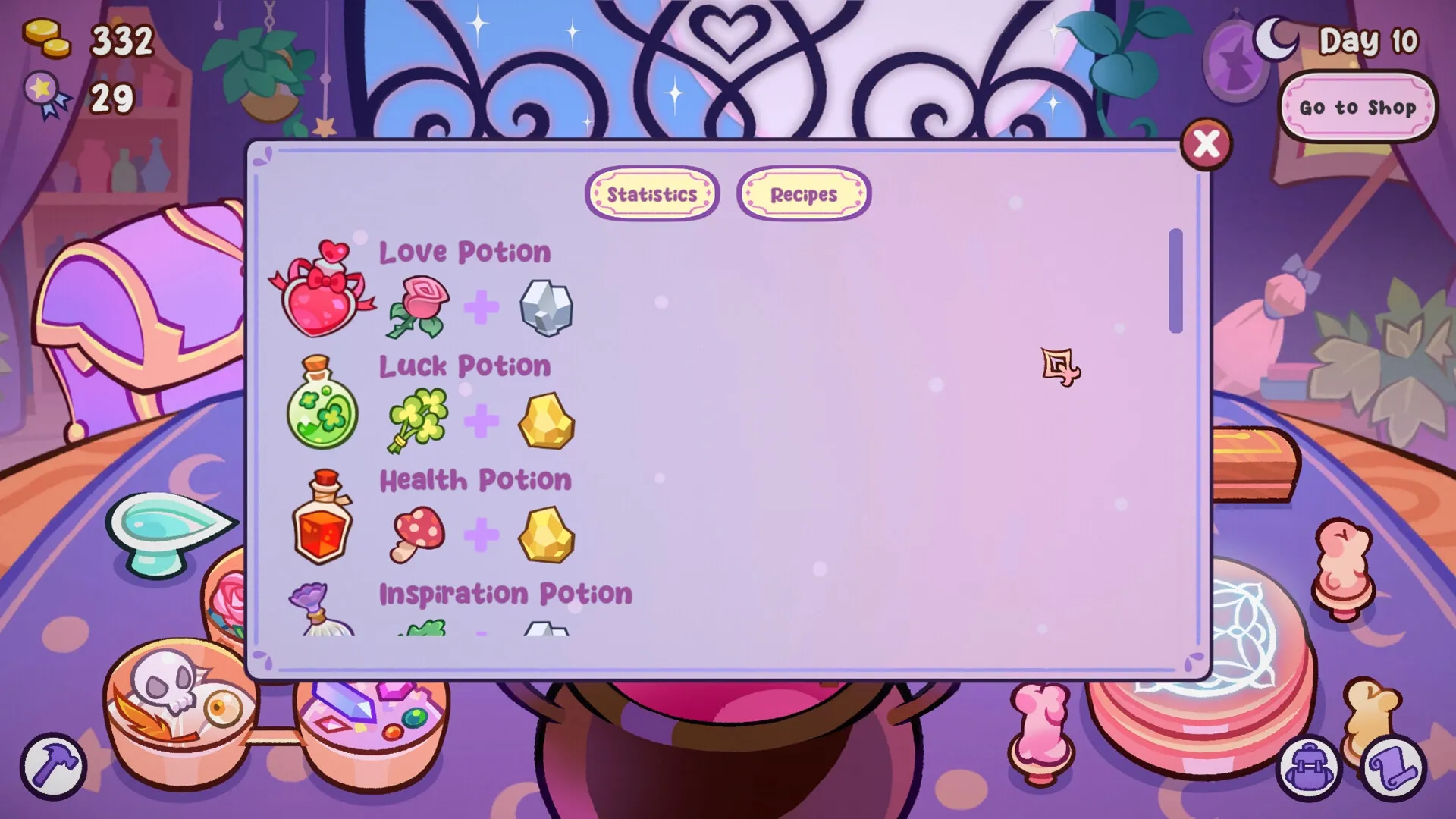 Witchy Business: Potion recipe menu displayed in cozy witchcraft shop with various ingredients visible