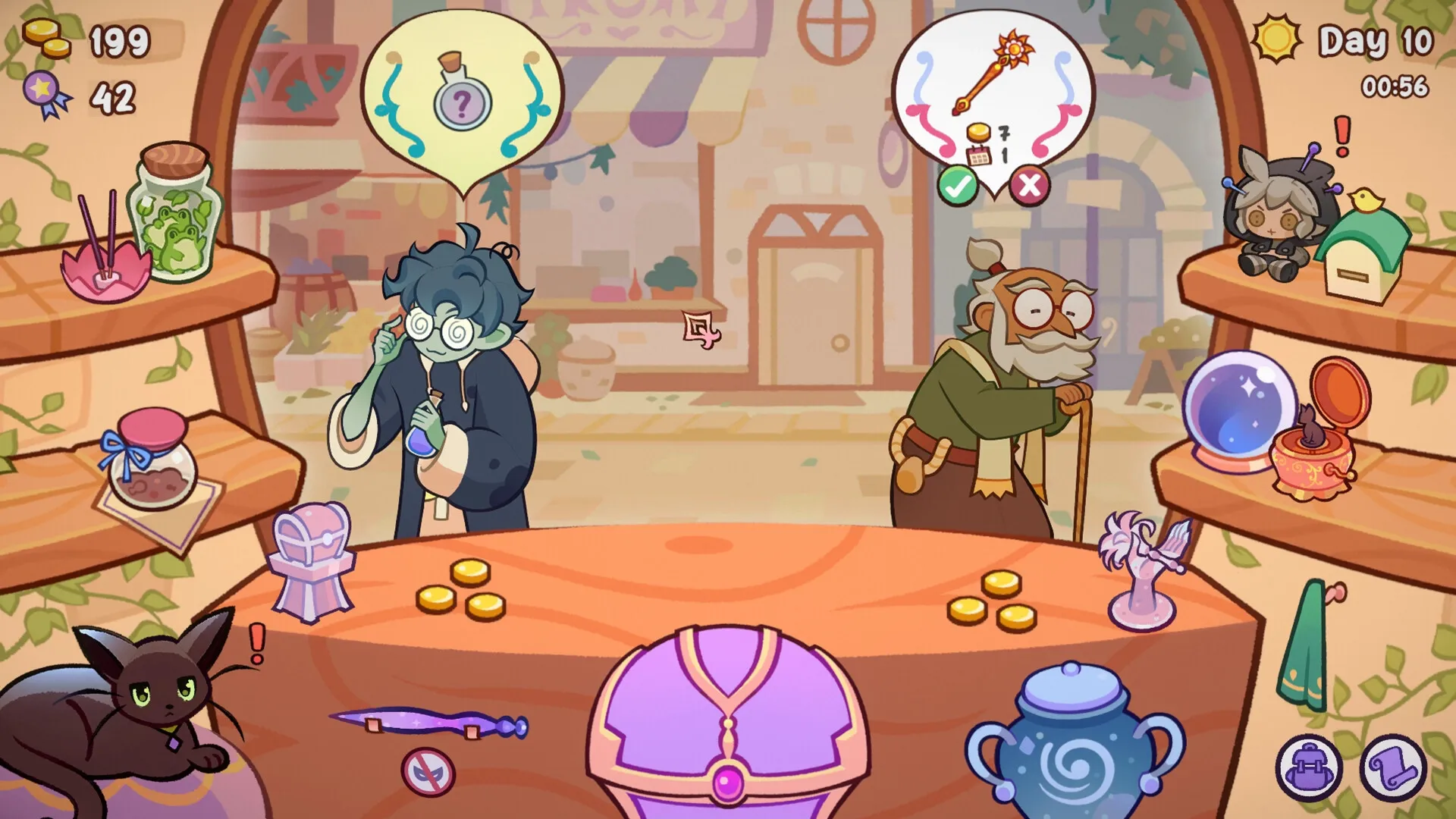 Witchy Business: Serving customers with potion requests in a colorful witchcraft shop setting