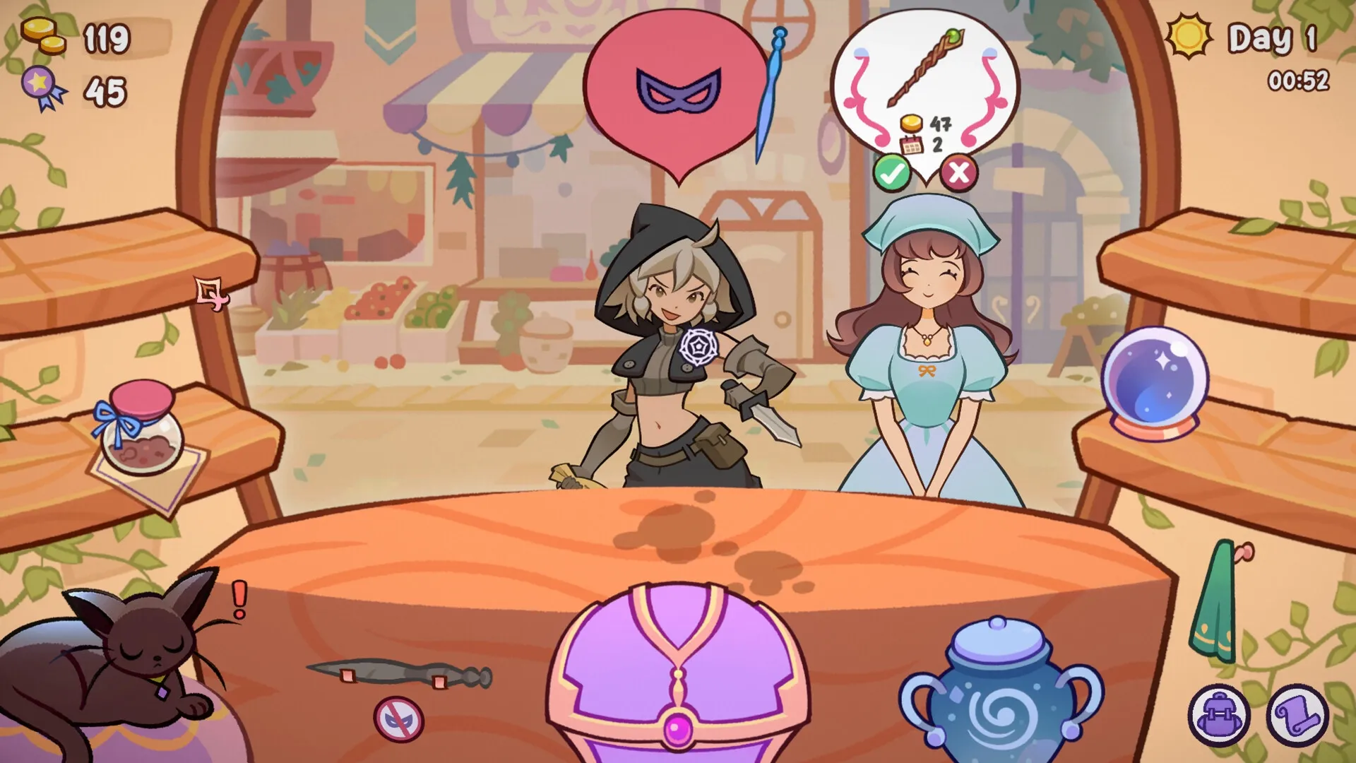Witchy Business: Two customers at counter in potion shop with coin and wand icons above their heads
