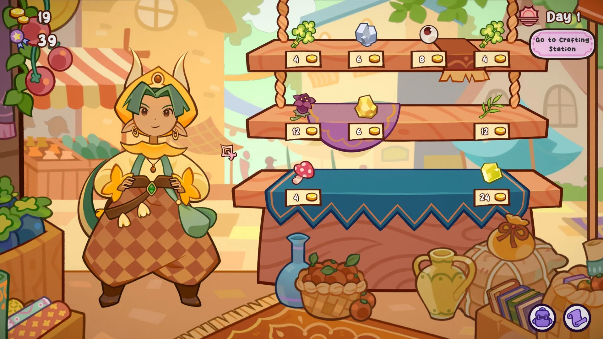 Witchy Business: Shopkeeper managing potion ingredients display in a colorful market setting.