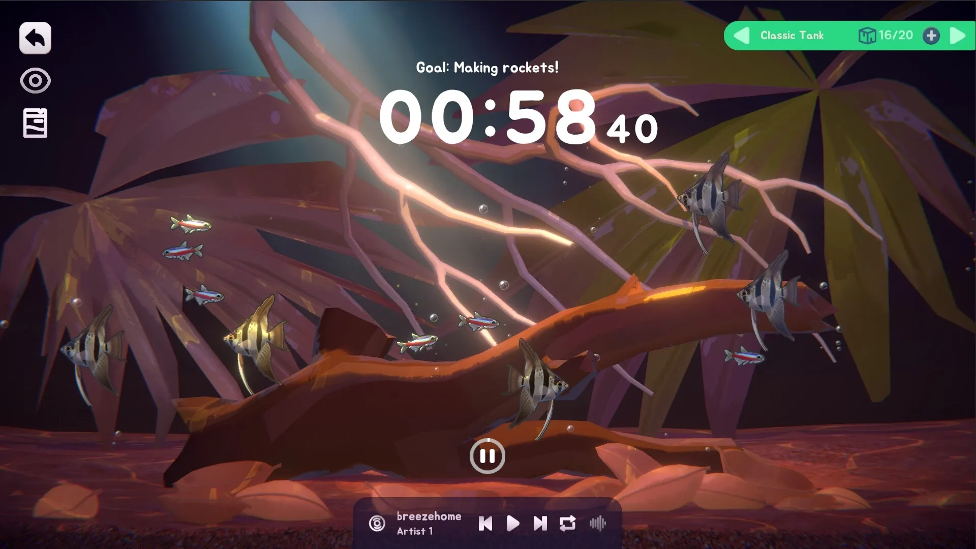 With Me: Fish swim among plants in an aquarium with a countdown timer and music controls displayed.