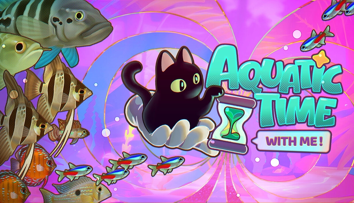 With Me: Black cat in shell holding hourglass surrounded by colorful fish in vibrant aquatic setting