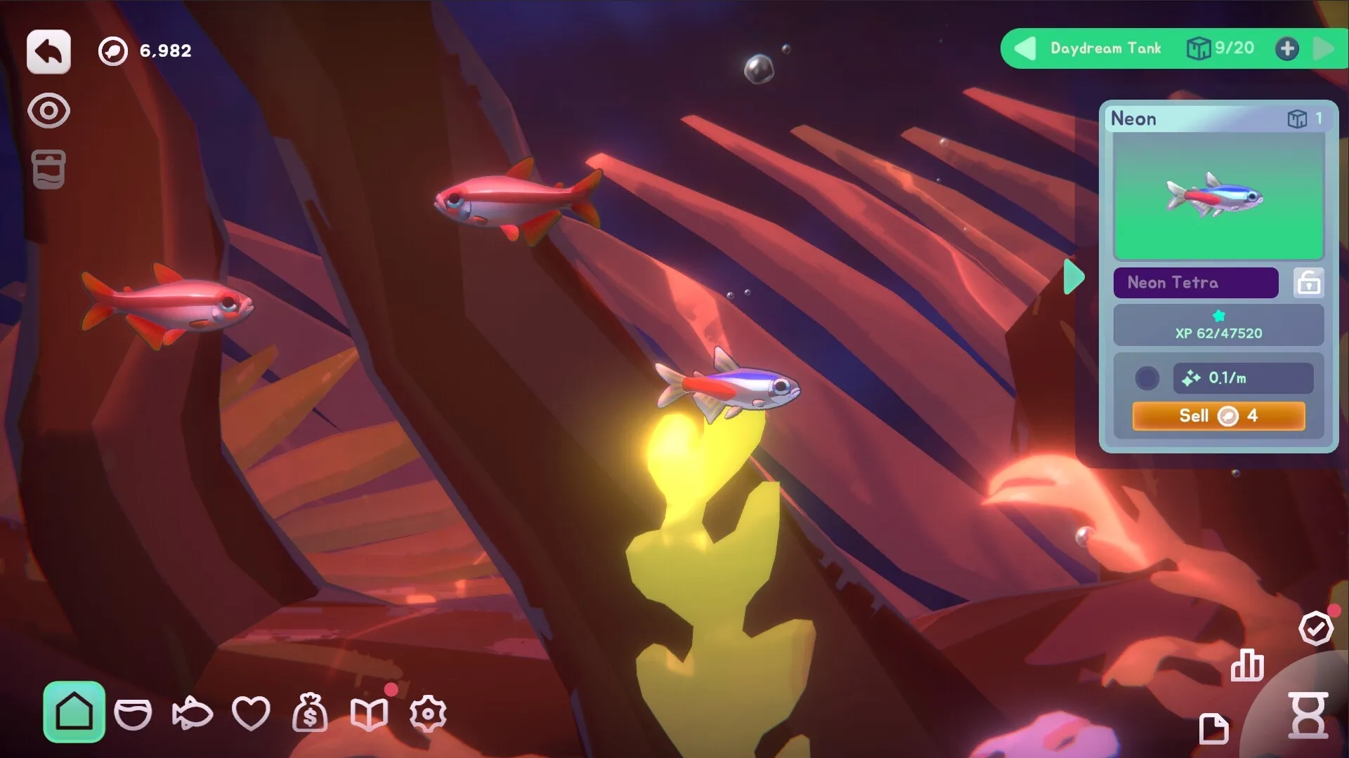 With Me: Two neon tetras swimming in coral reef with fish stats menu and UI buttons visible