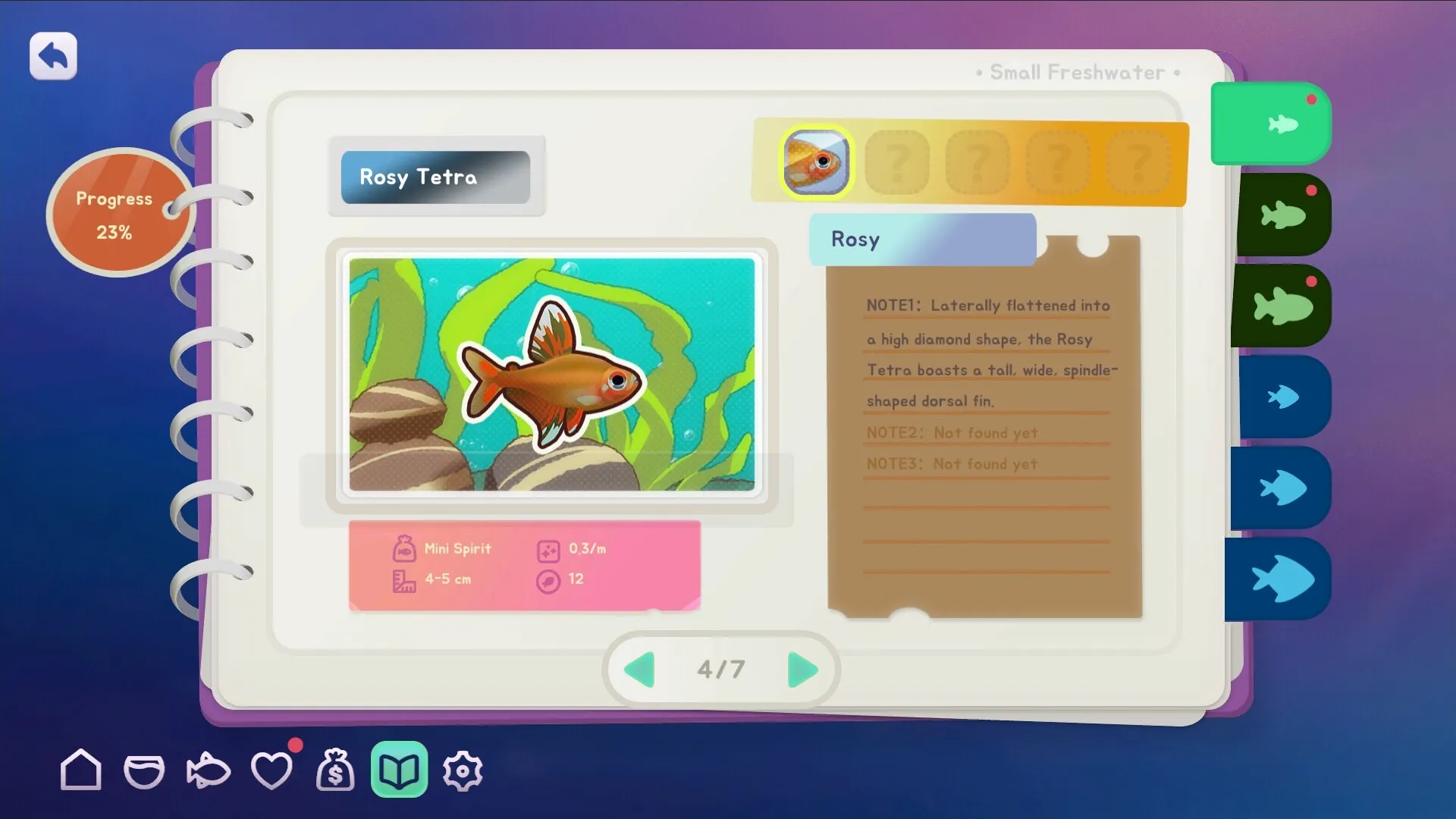 With Me: Rosy Tetra fish info page with progress bar, stats, and notes in aquarium design interface