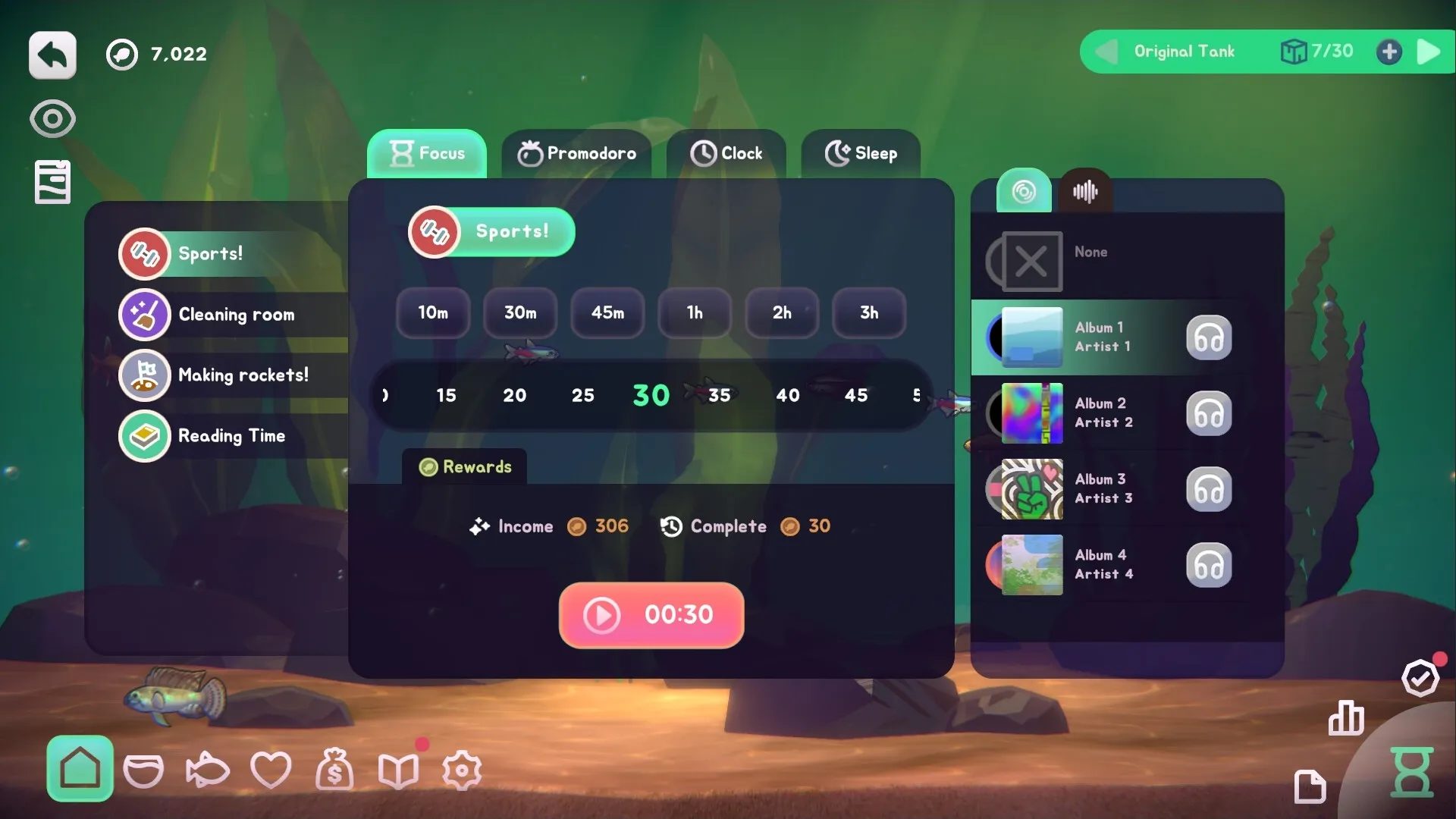 With Me: Focus mode with task selection menu and music album options in serene aquarium setting