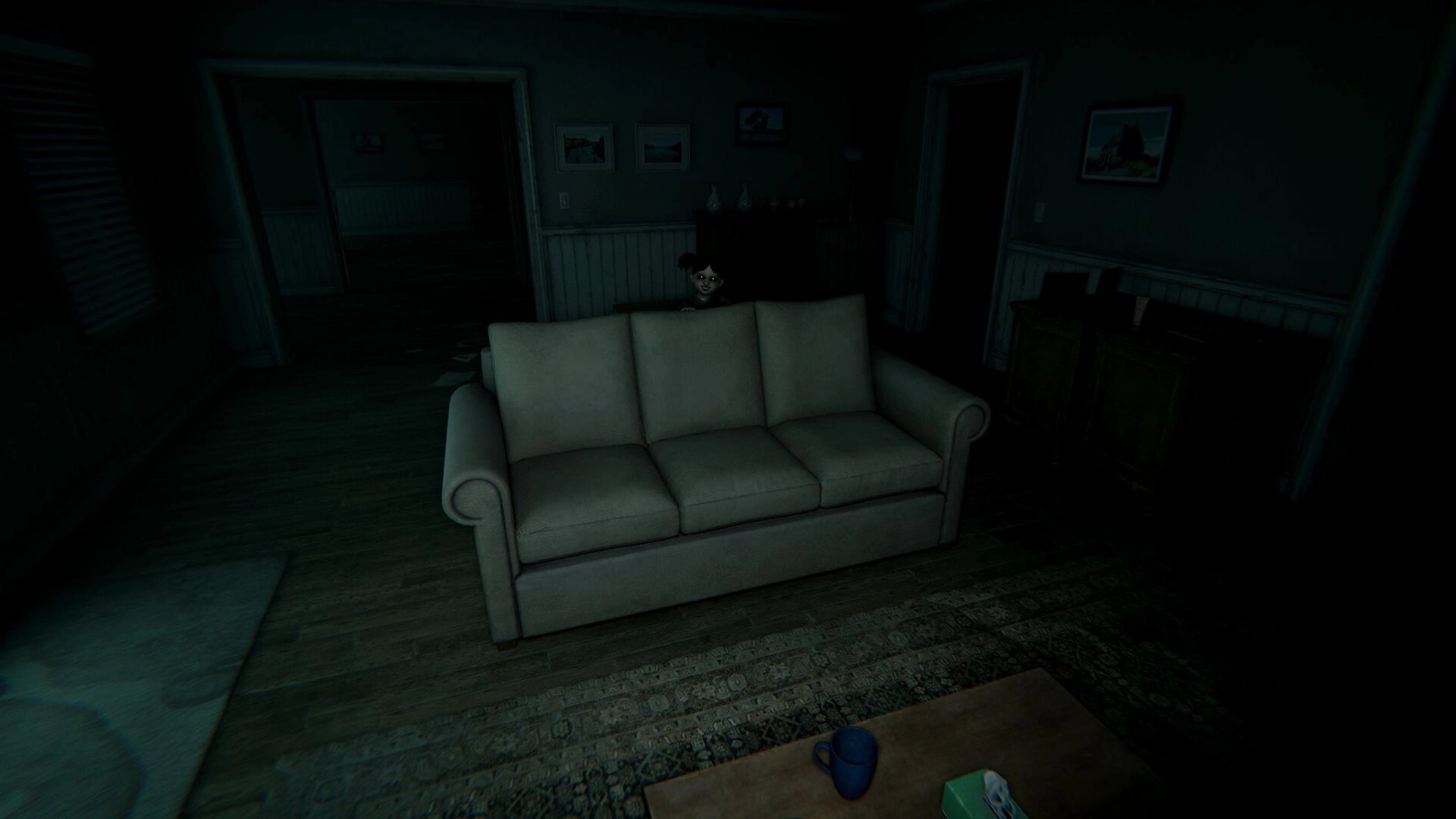 Withered Haven: Dark living room with eerie doll peeking over couch, creating a tense atmosphere