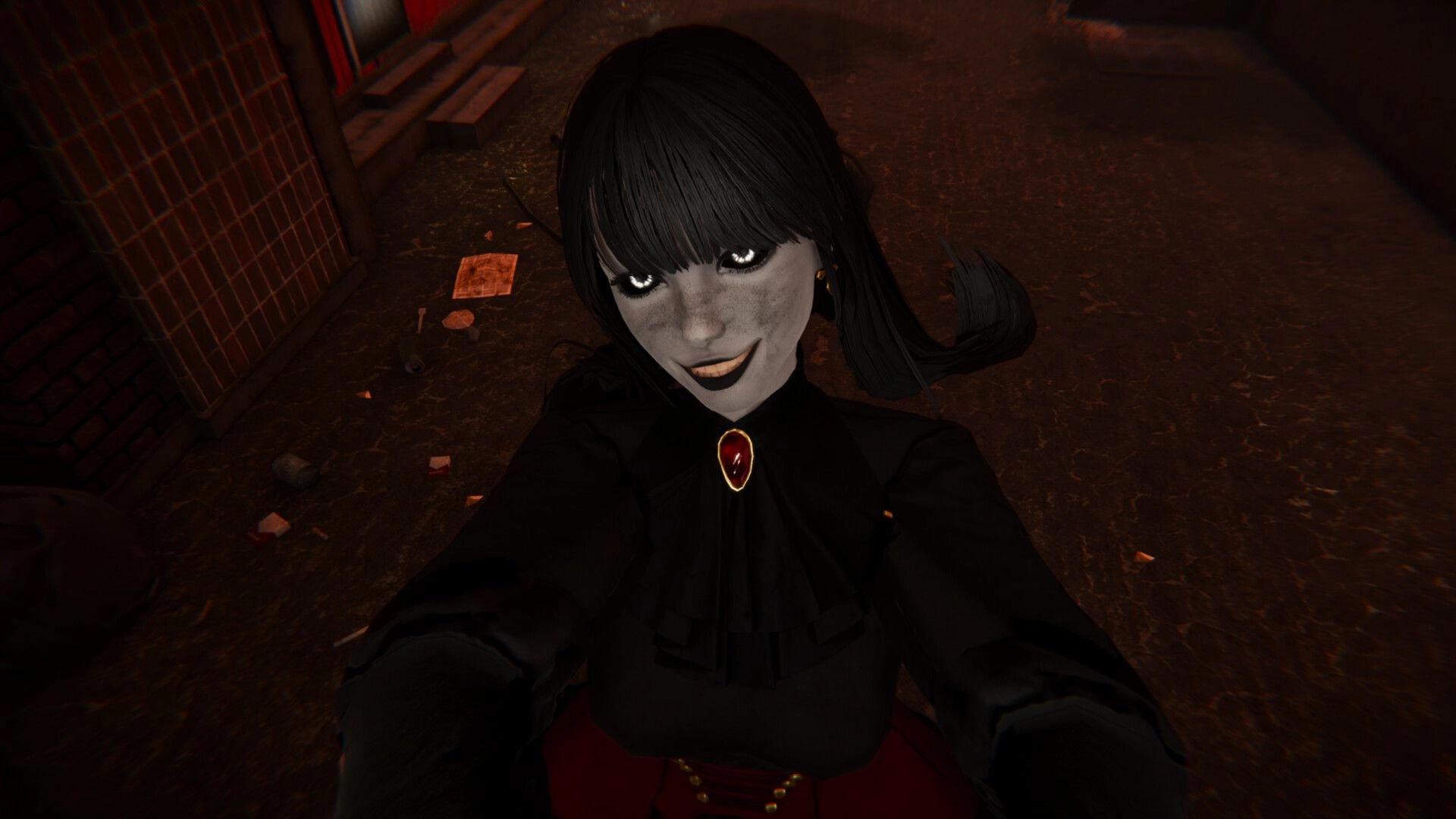 Withered Haven: Creepy apparition with dark eyes and smile looms in dimly lit alley with scattered debris