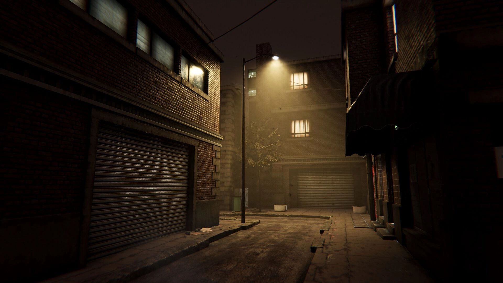 Withered Haven: Empty dimly lit alleyway with brick buildings and scattered debris at night