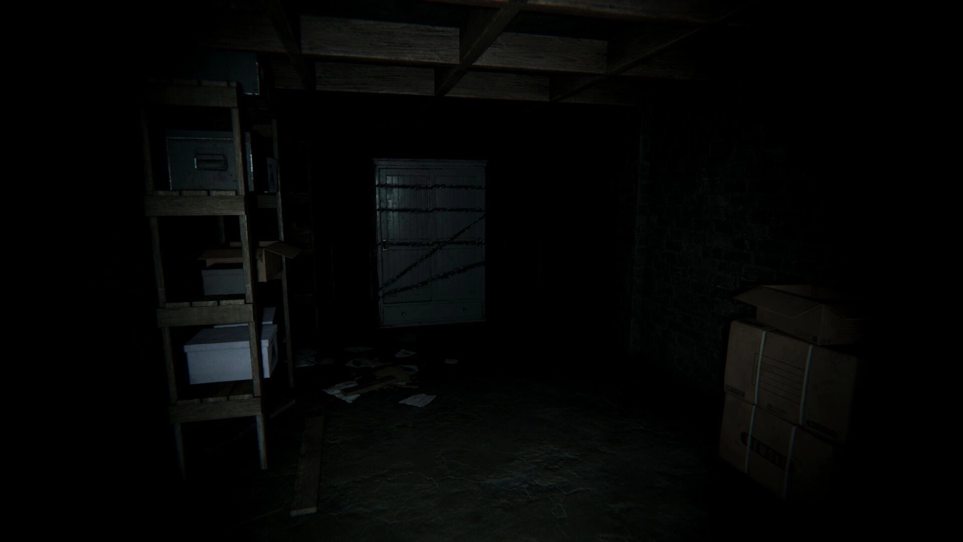 Withered Haven: Dim basement with chained door, scattered papers, and shelves filled with storage boxes