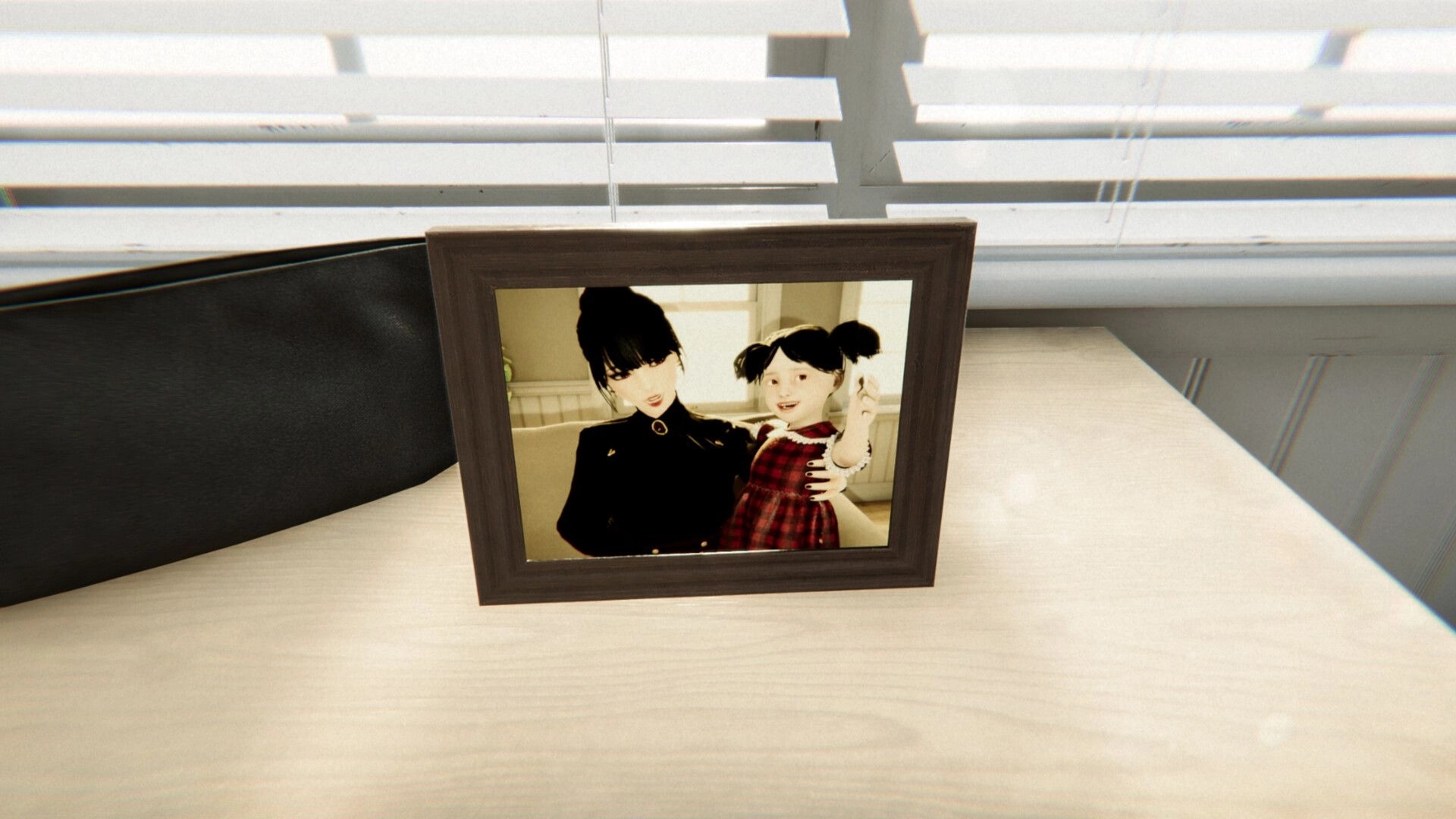 Withered Haven: Framed photo of mother and daughter on a desk by window blinds in dimly lit room.