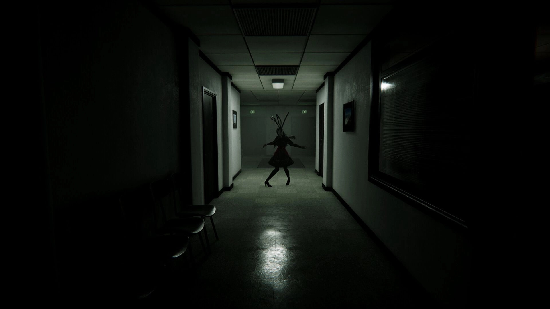 Withered Haven: Shadowy apparition in a dimly lit hallway with flickering lights and eerie atmosphere
