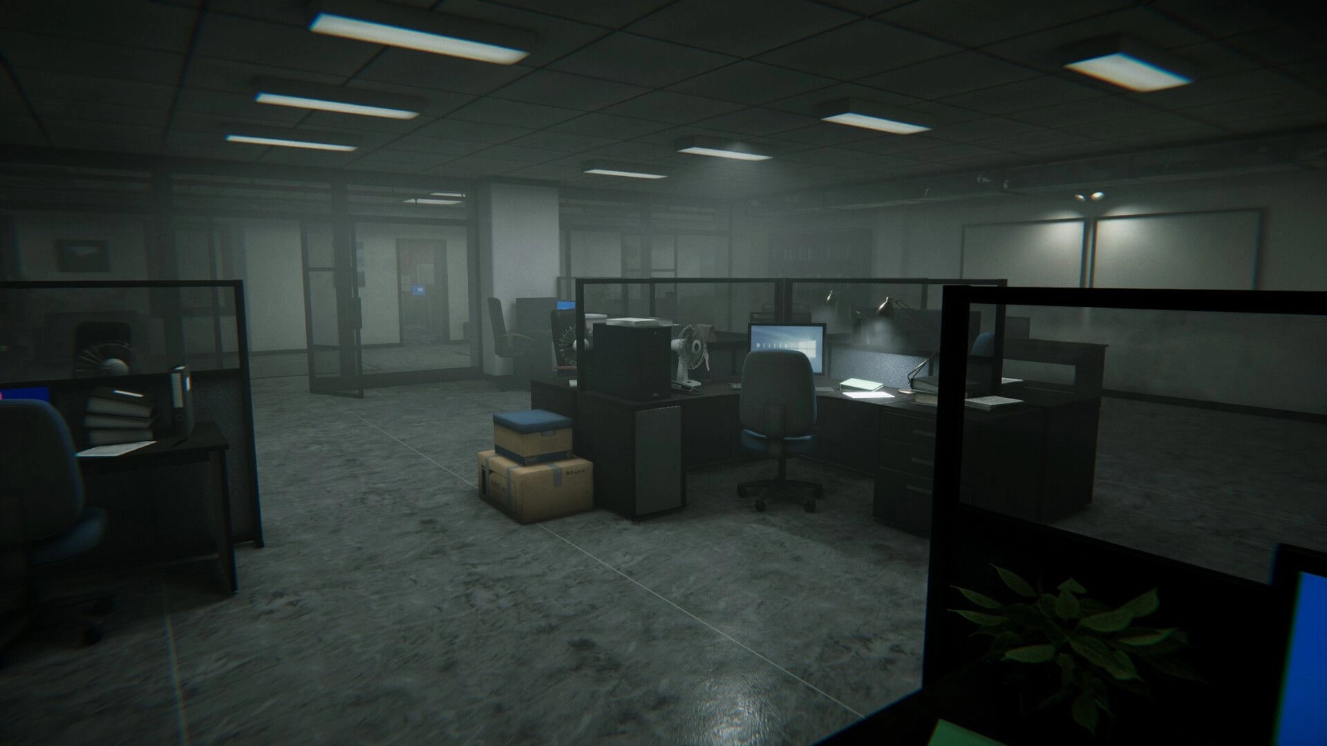 Withered Haven: Eerie, dimly lit office space with scattered desks and faint glow from computer screens