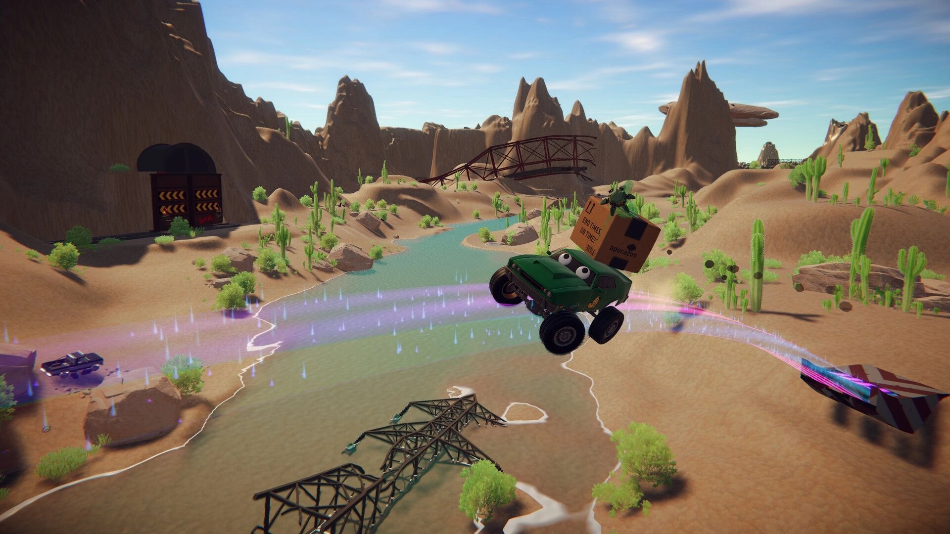 WITHOUT A HITCH: Delivery truck soaring over desert canyon with colorful trail and distant mountains
