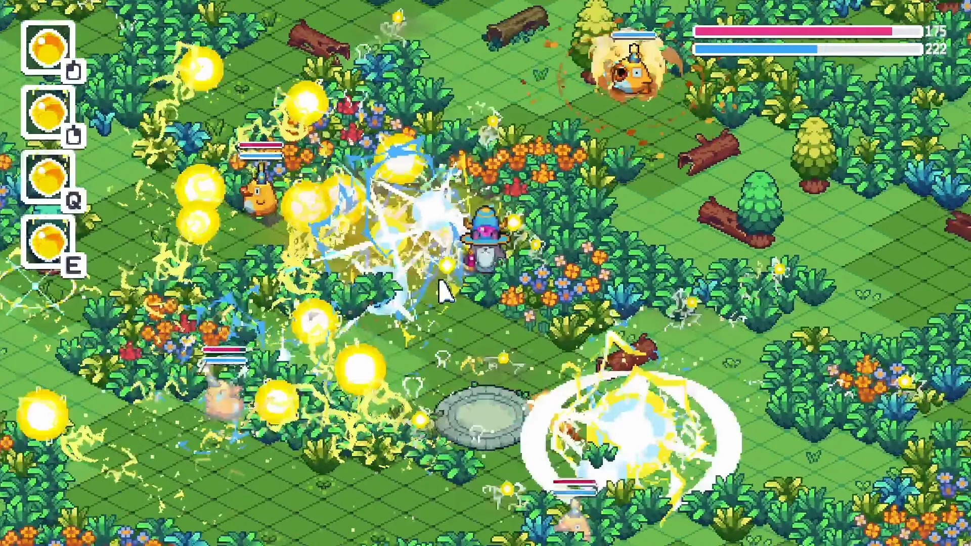 Wizard Cats: Cat wizard casting spells in lush forest with vibrant flora and health bars visible