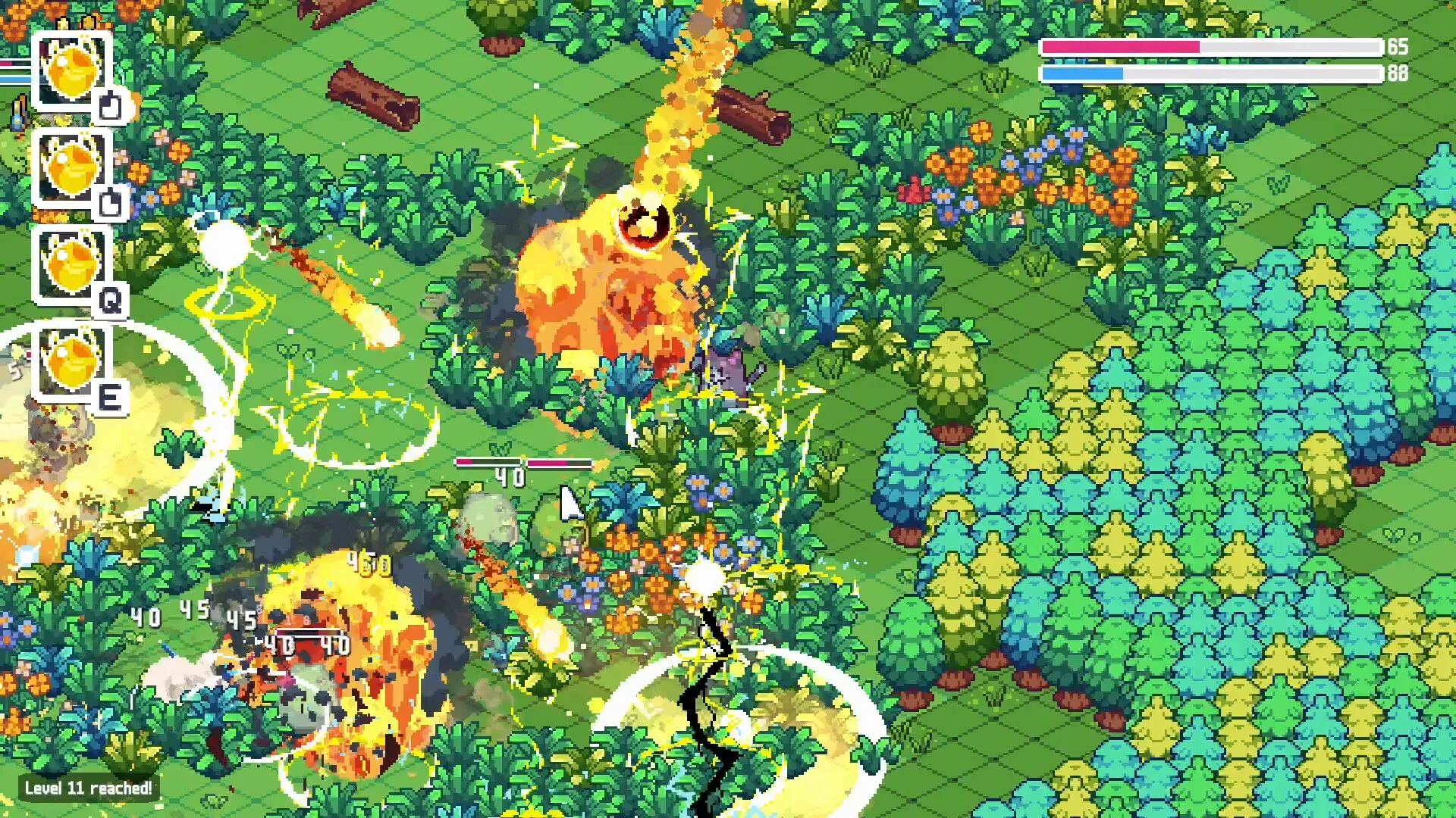 Wizard Cats: Casting fire spells in a vibrant forest with health bars and spell icons on the screen