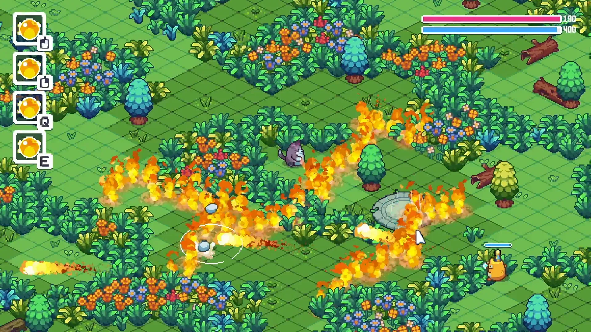 Wizard Cats: Cat casting fire spells in a vibrant garden, with health bars and spell icons visible