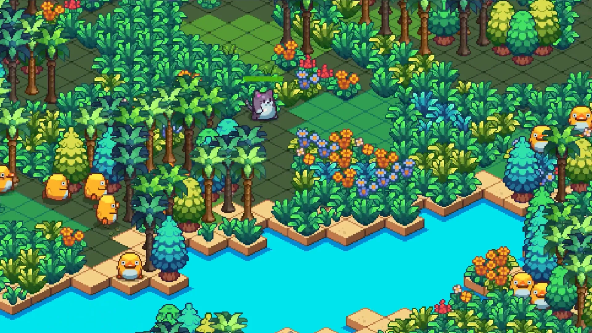 Wizard Cats: Cat wizard exploring lush forest with colorful flowers and river surrounded by cute creatures