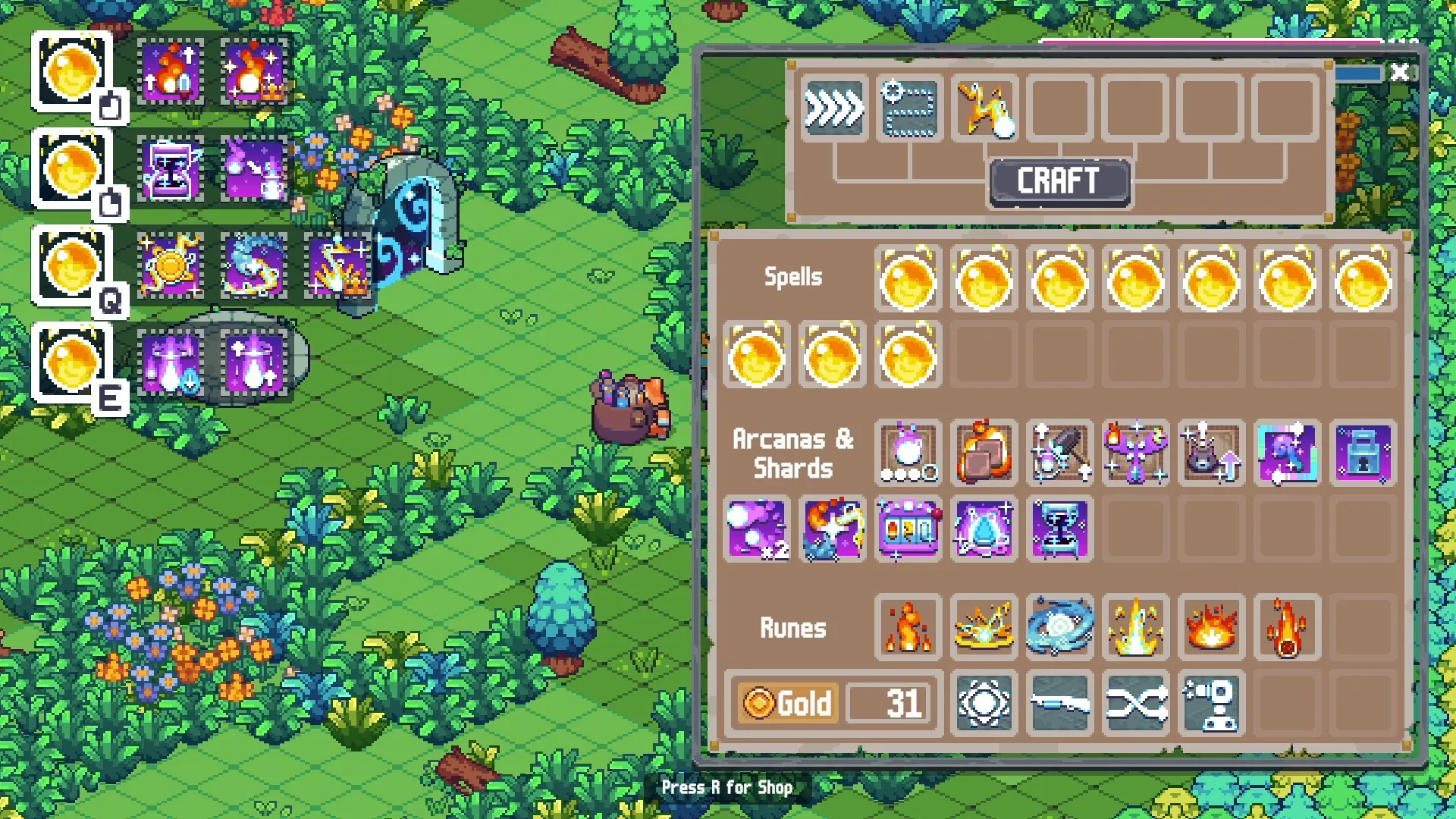 Wizard Cats: Inventory menu with spells and runes in a colorful forest setting