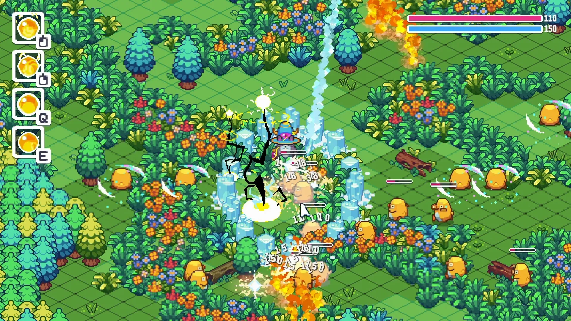 Wizard Cats: Casting spells against yellow creatures in a colorful forest with health bars visible