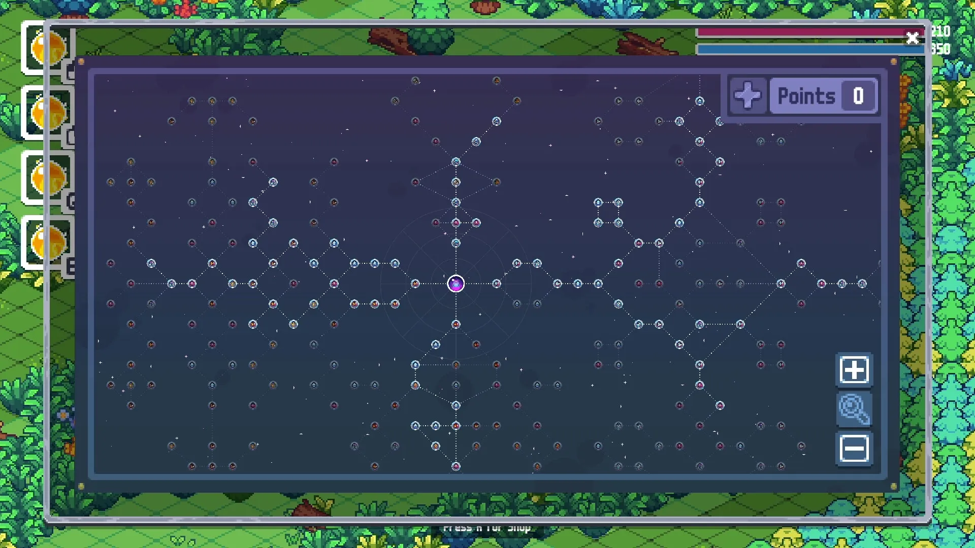Wizard Cats: Skill tree interface with intricate nodes in a lush forest background