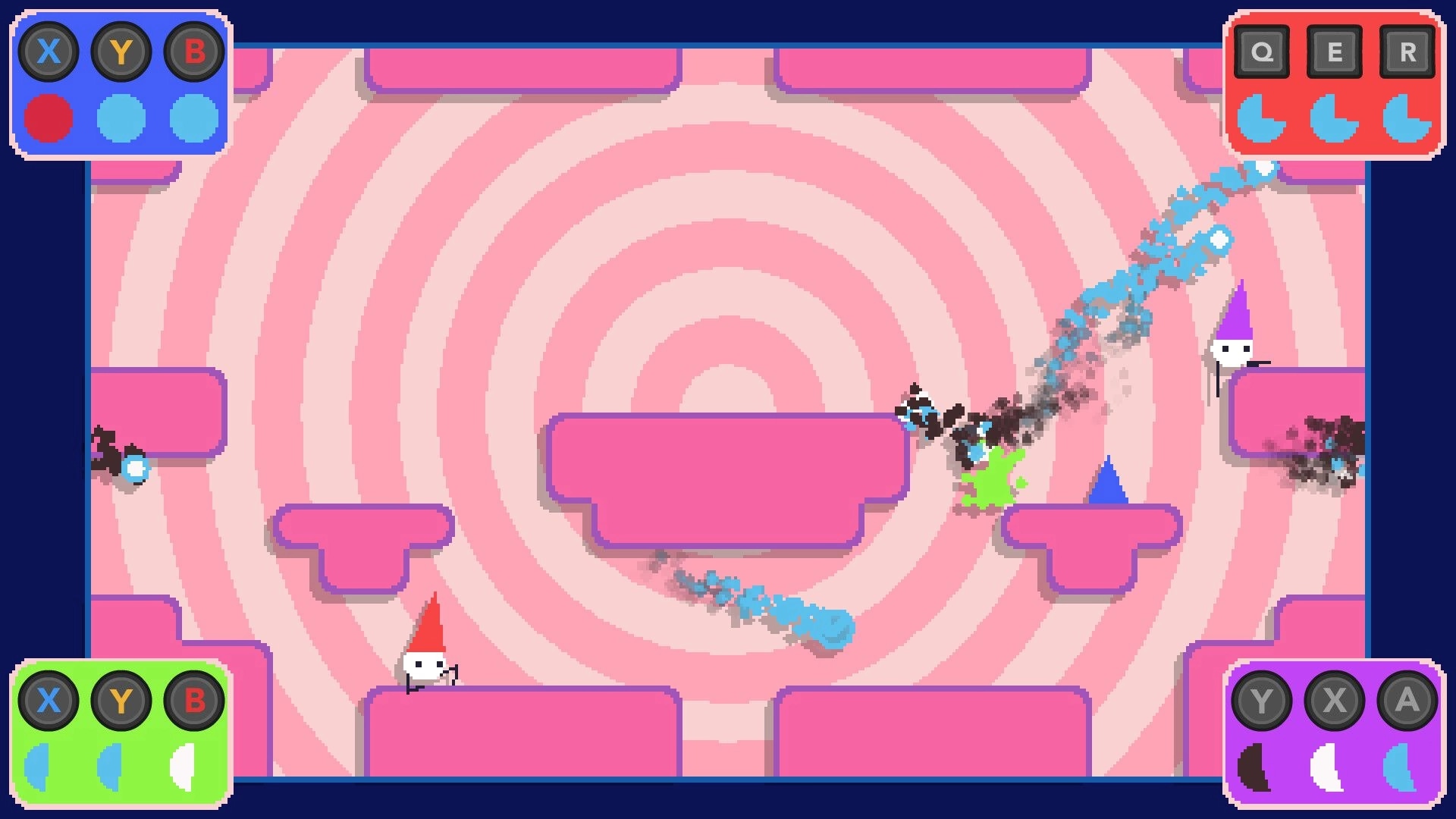 WIZARD PUNKS!!!: Wizards duel with spells in a vibrant arena with pink platforms and control icons.