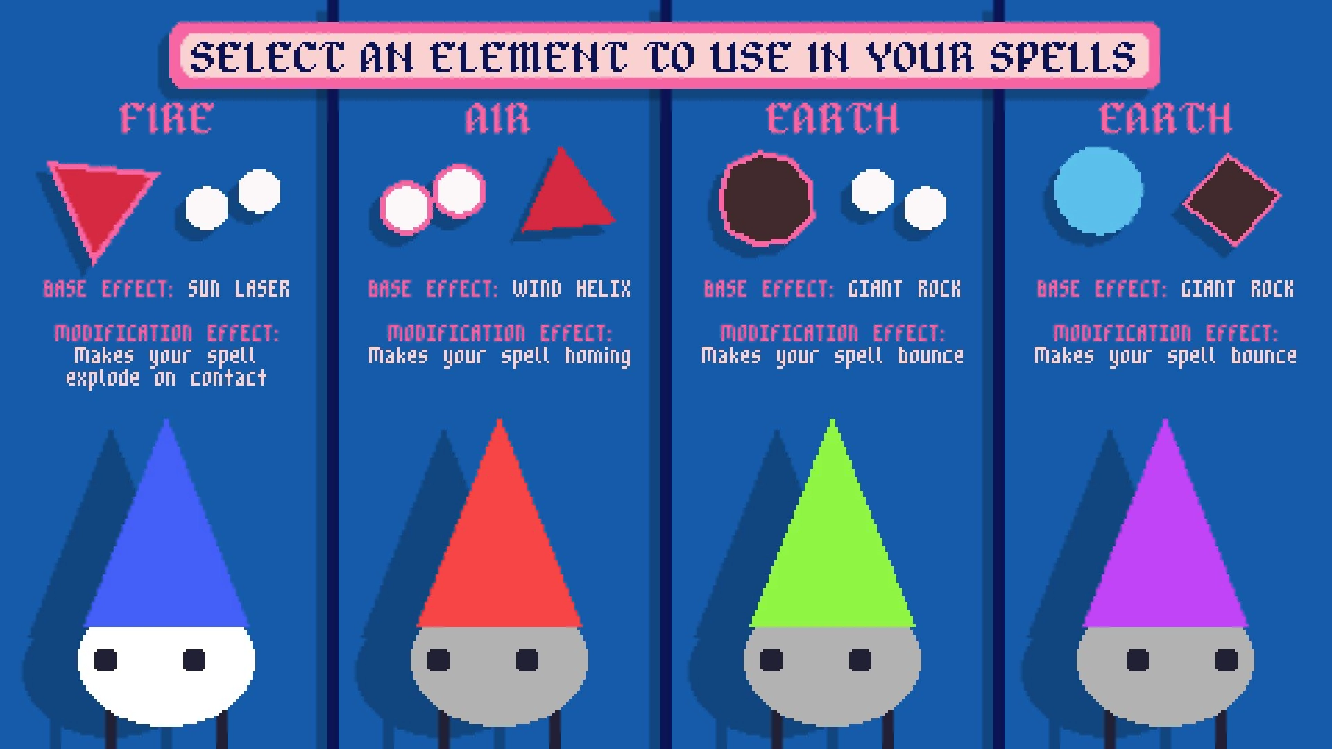 WIZARD PUNKS!!!: Element selection screen with Fire, Air, and Earth options for spell creation.