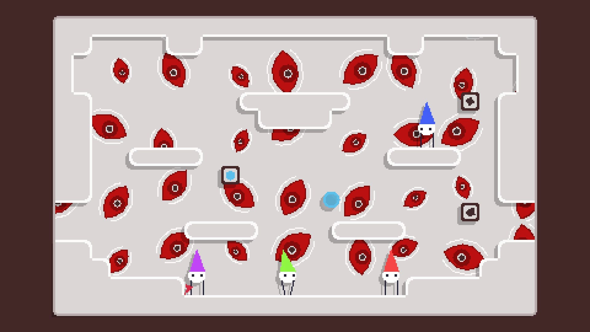 WIZARD PUNKS!!!: Four colorful wizards navigate a maze filled with red eyes and floating platforms.