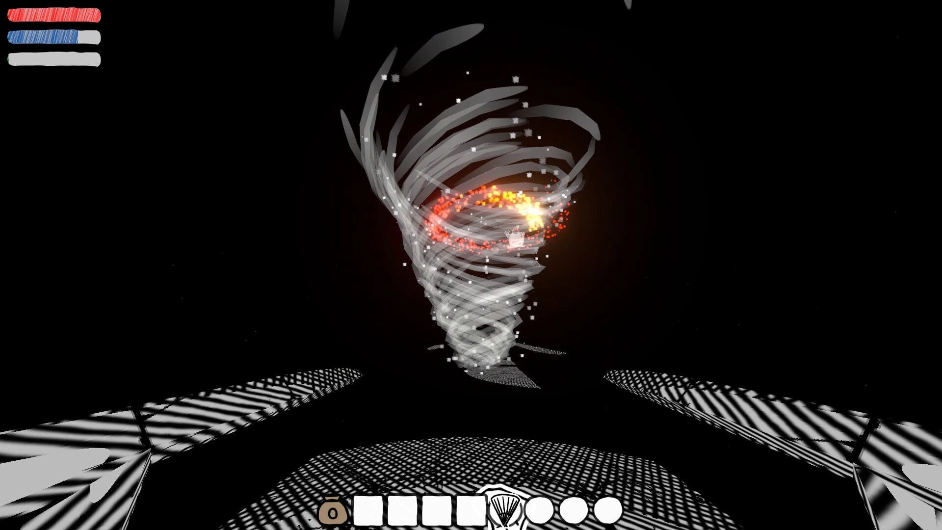 Wizard's Oblation: Tornado of magic energy in dark realm with health bars and spell slots visible