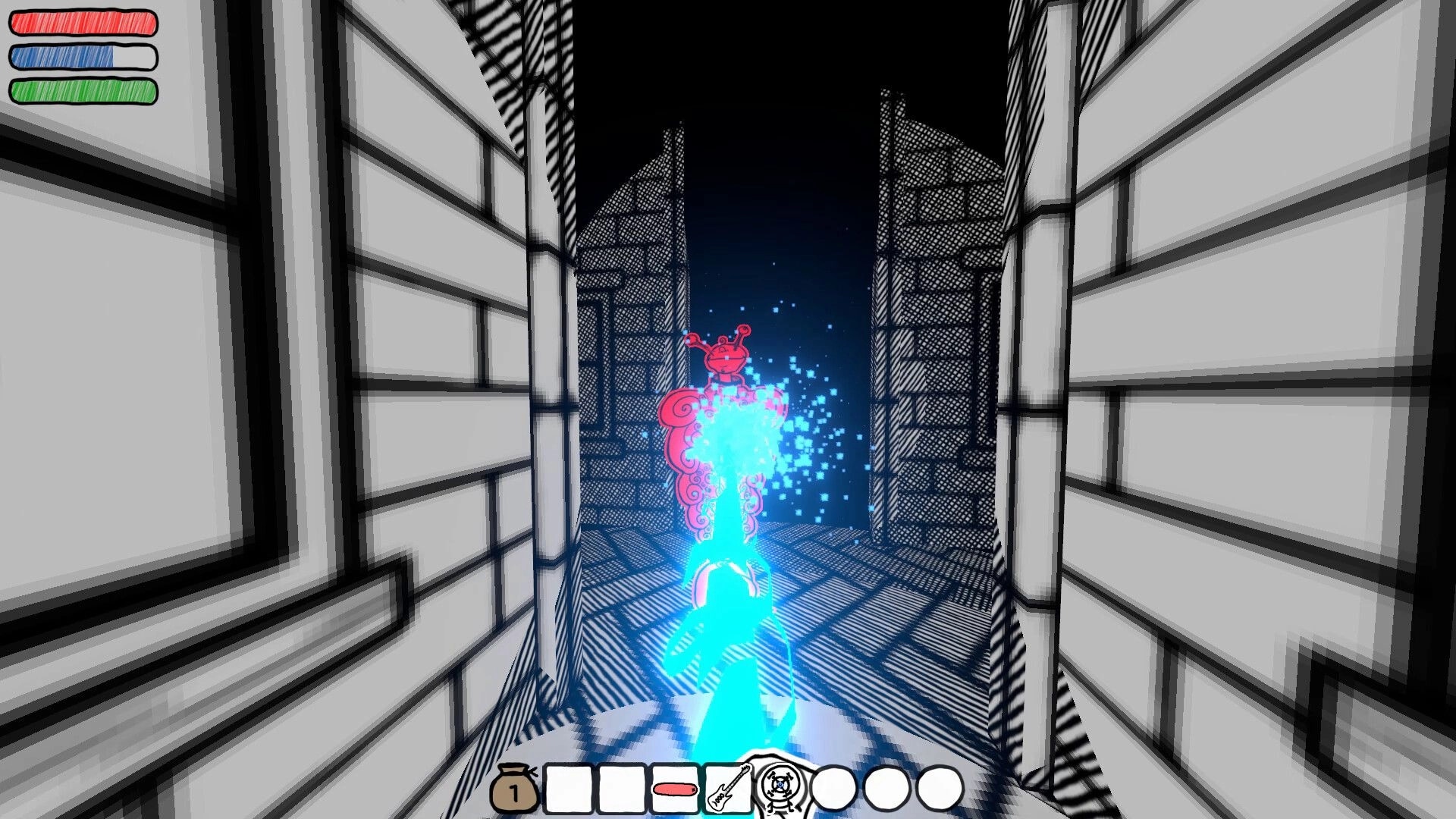 Wizard's Oblation: Wizard casting a blue spell at red creature in a monochrome castle hallway