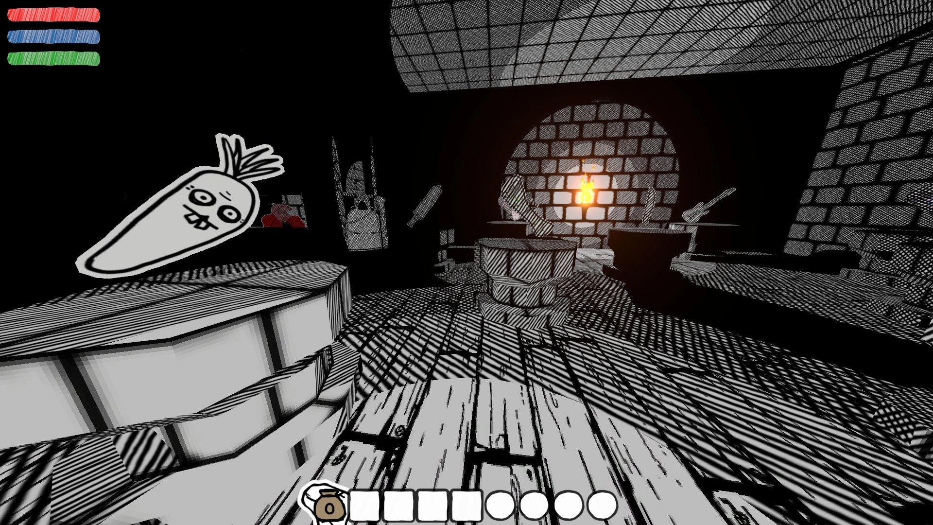 Wizard's Oblation: Cartoon carrot icon with health bars in a dark dungeon environment with a torch.