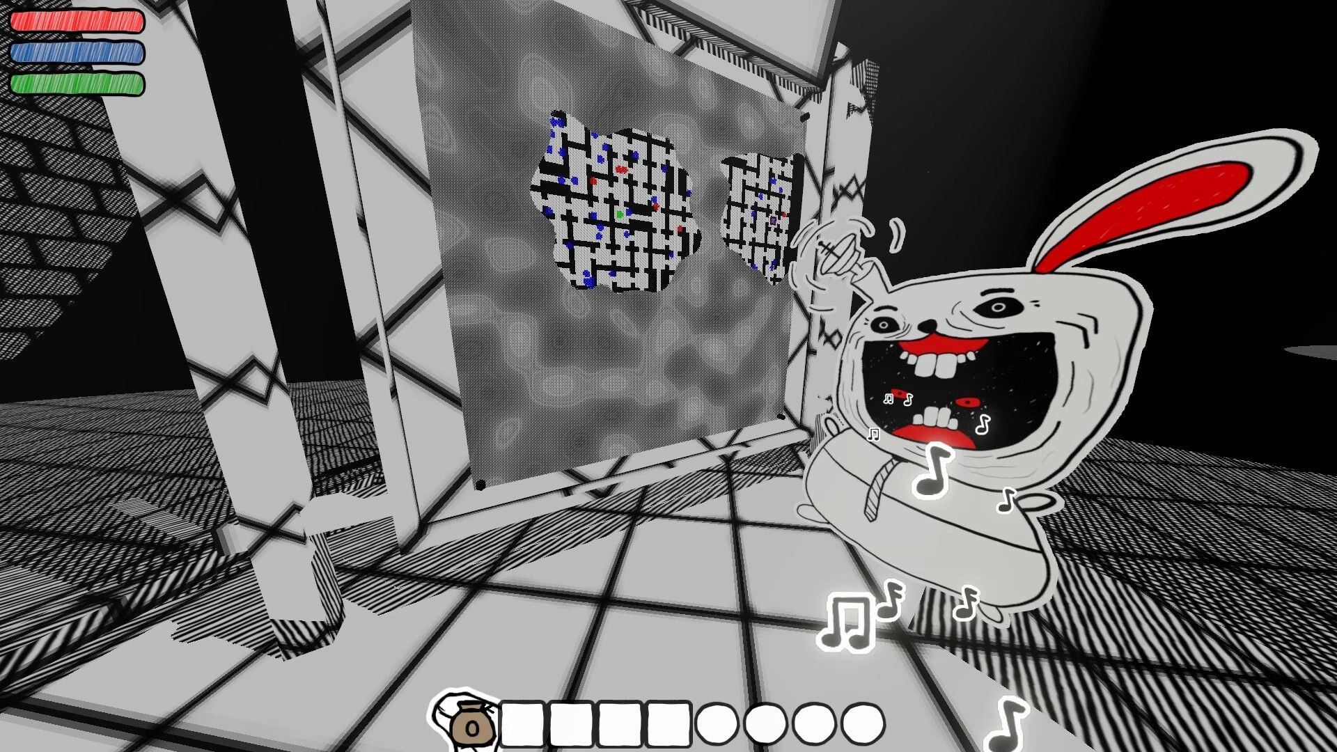 Wizard's Oblation: Cartoonish character with musical notes in monochrome room, health bars on screen