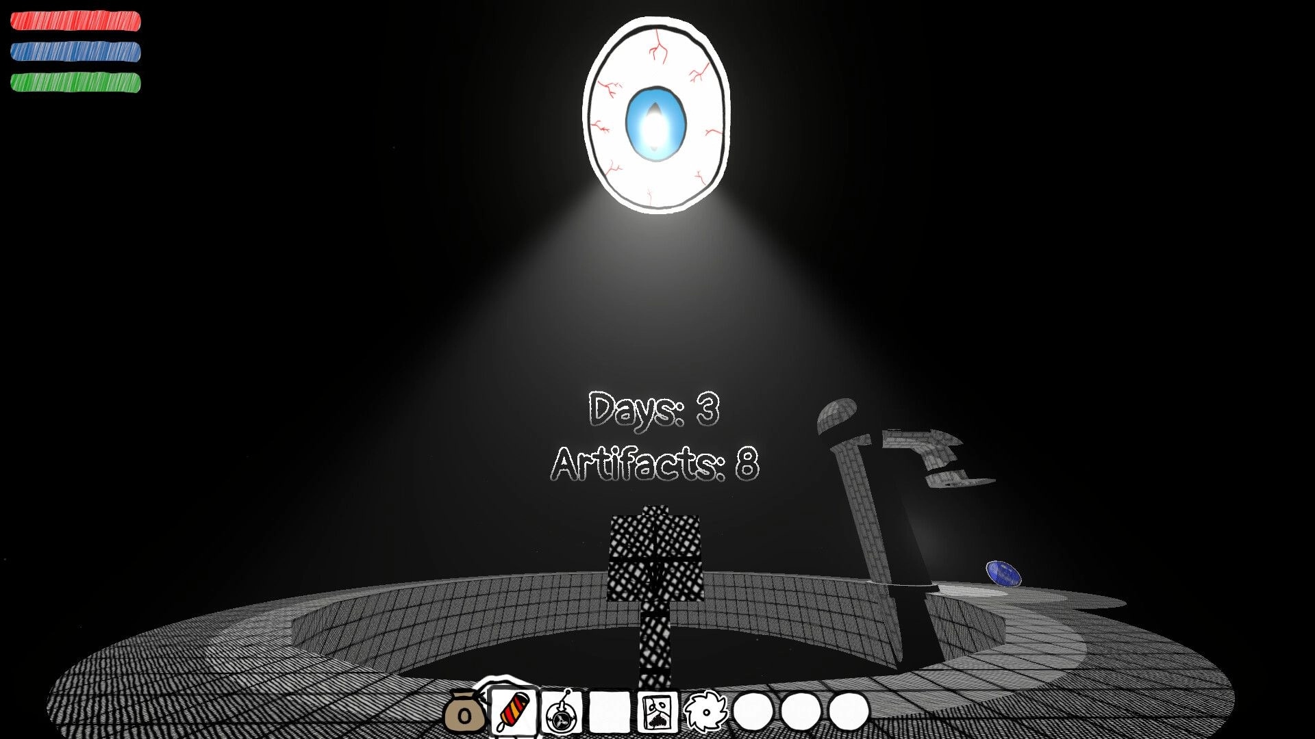 Wizard's Oblation: Central platform under eye symbol, health bars and artifact count on dark backdrop