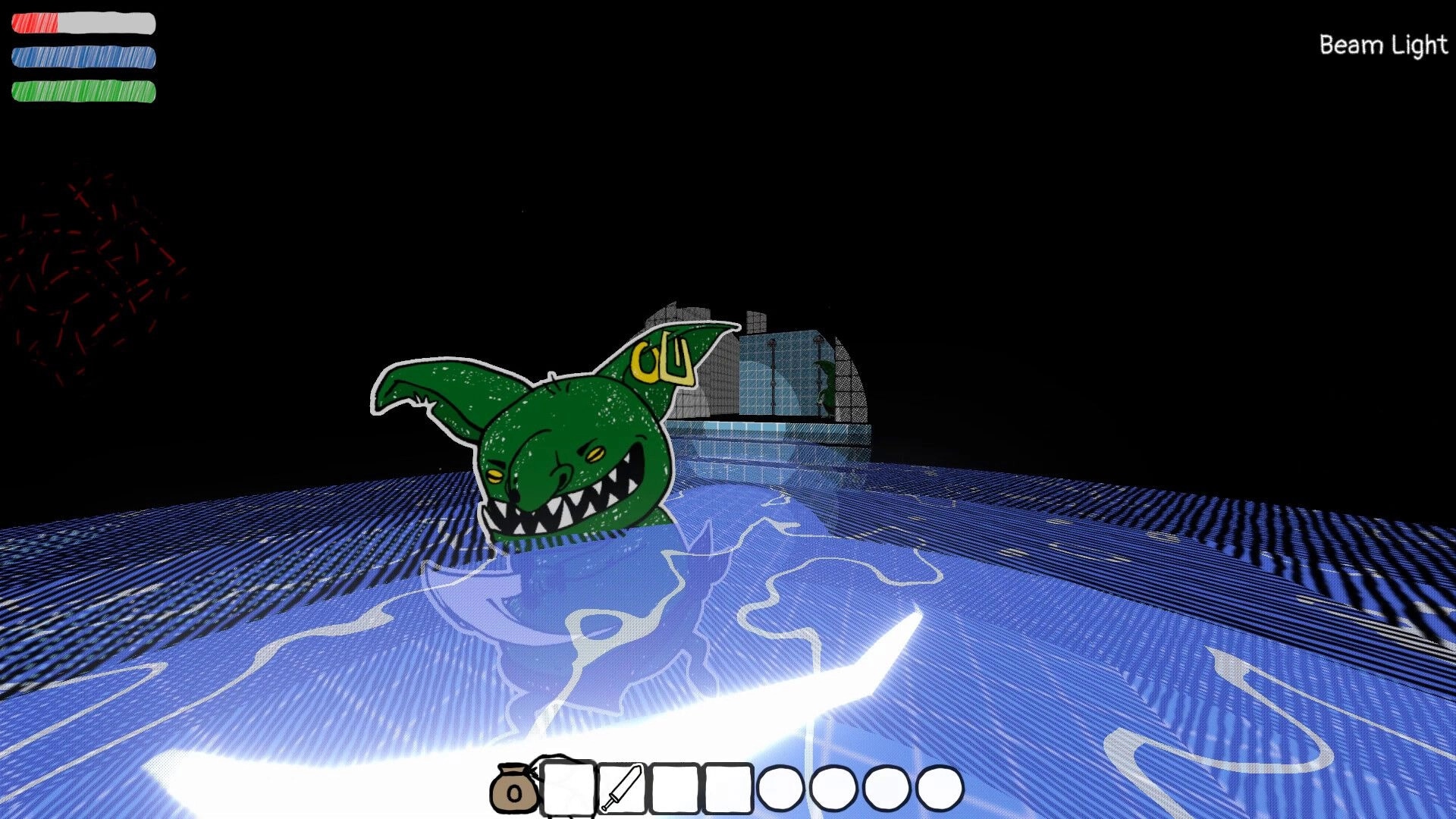 Wizard's Oblation: Green goblin enemy and health bars in dark digital environment with beam light effect