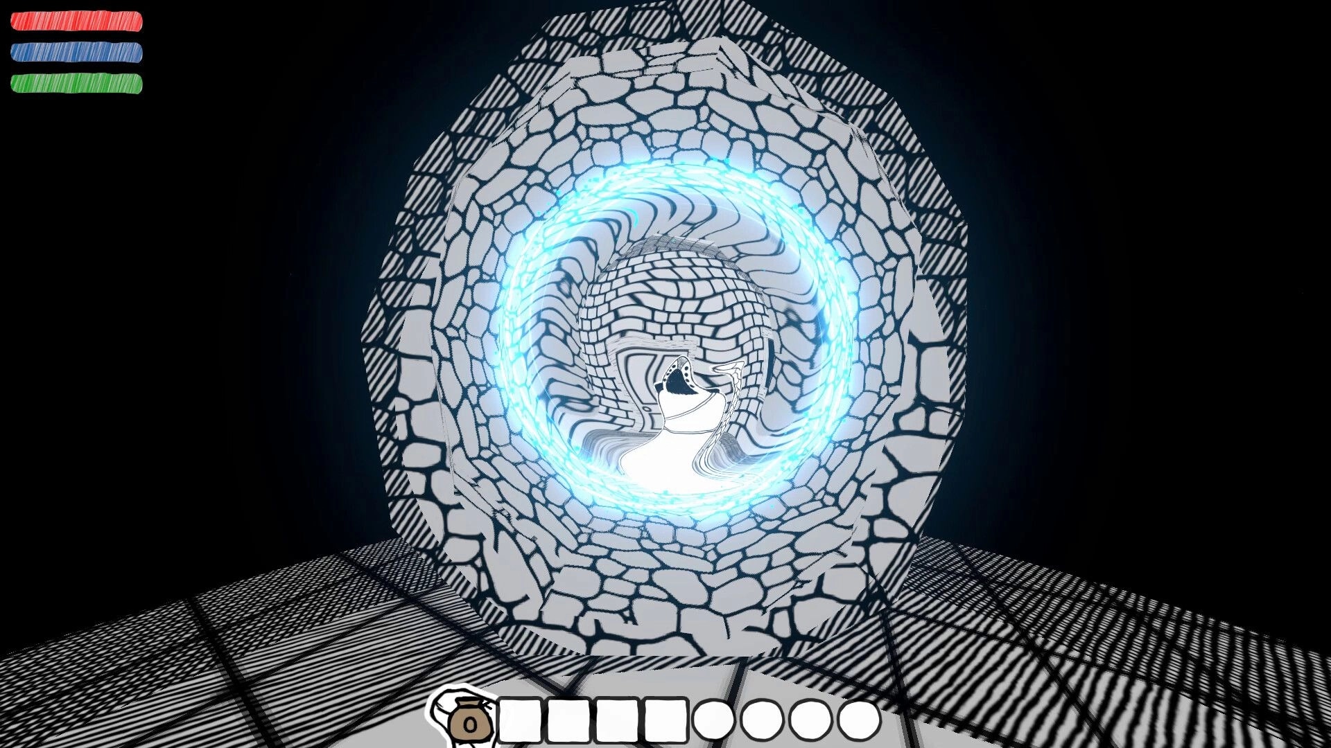 Wizard's Oblation: Wizard entering glowing portal, stone walls, health bars, and inventory slots visible.