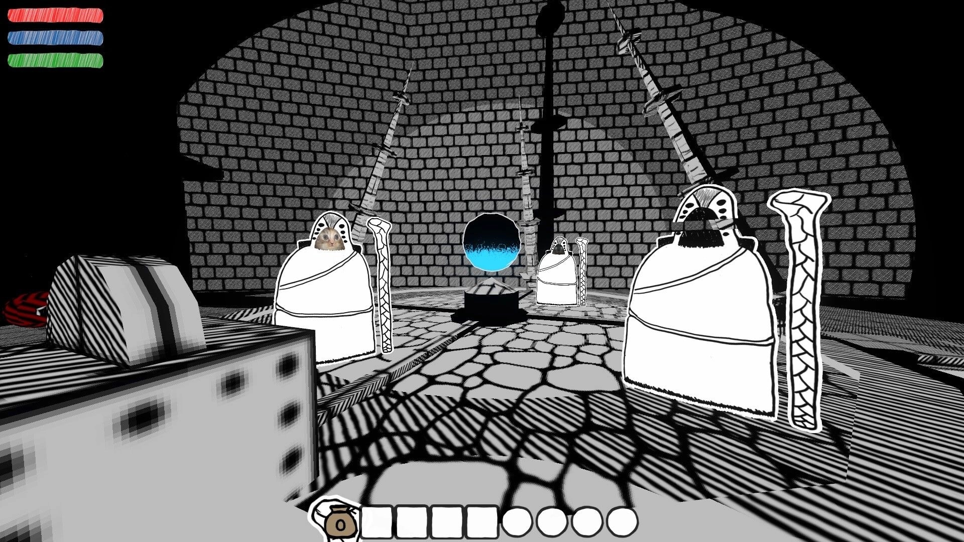 Wizard's Oblation: Three robed figures and a glowing orb in a stone chamber with visible health bars.