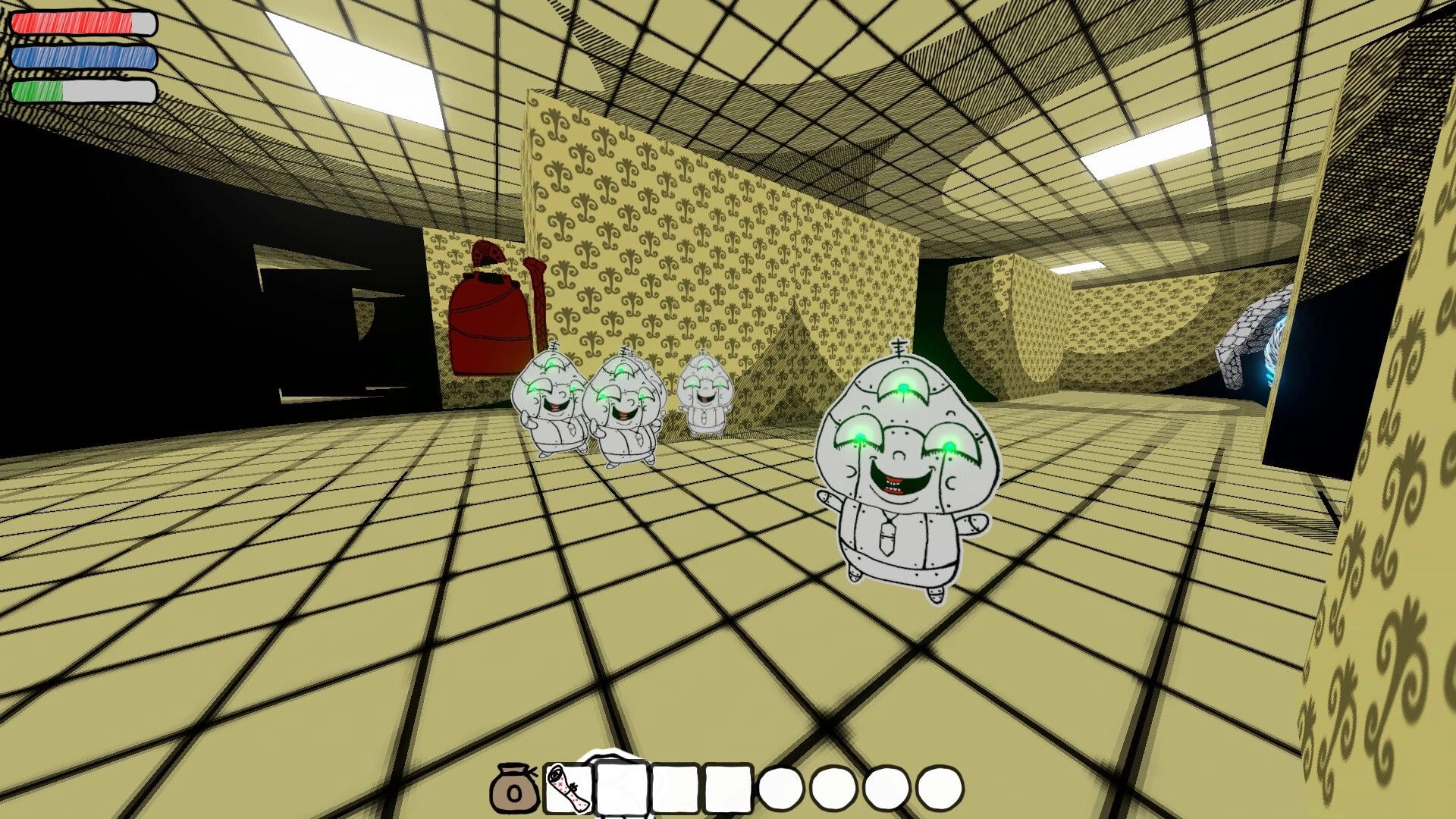 Wizard's Oblation: Cartoonish robot characters in a tiled hallway with health bars and inventory UI
