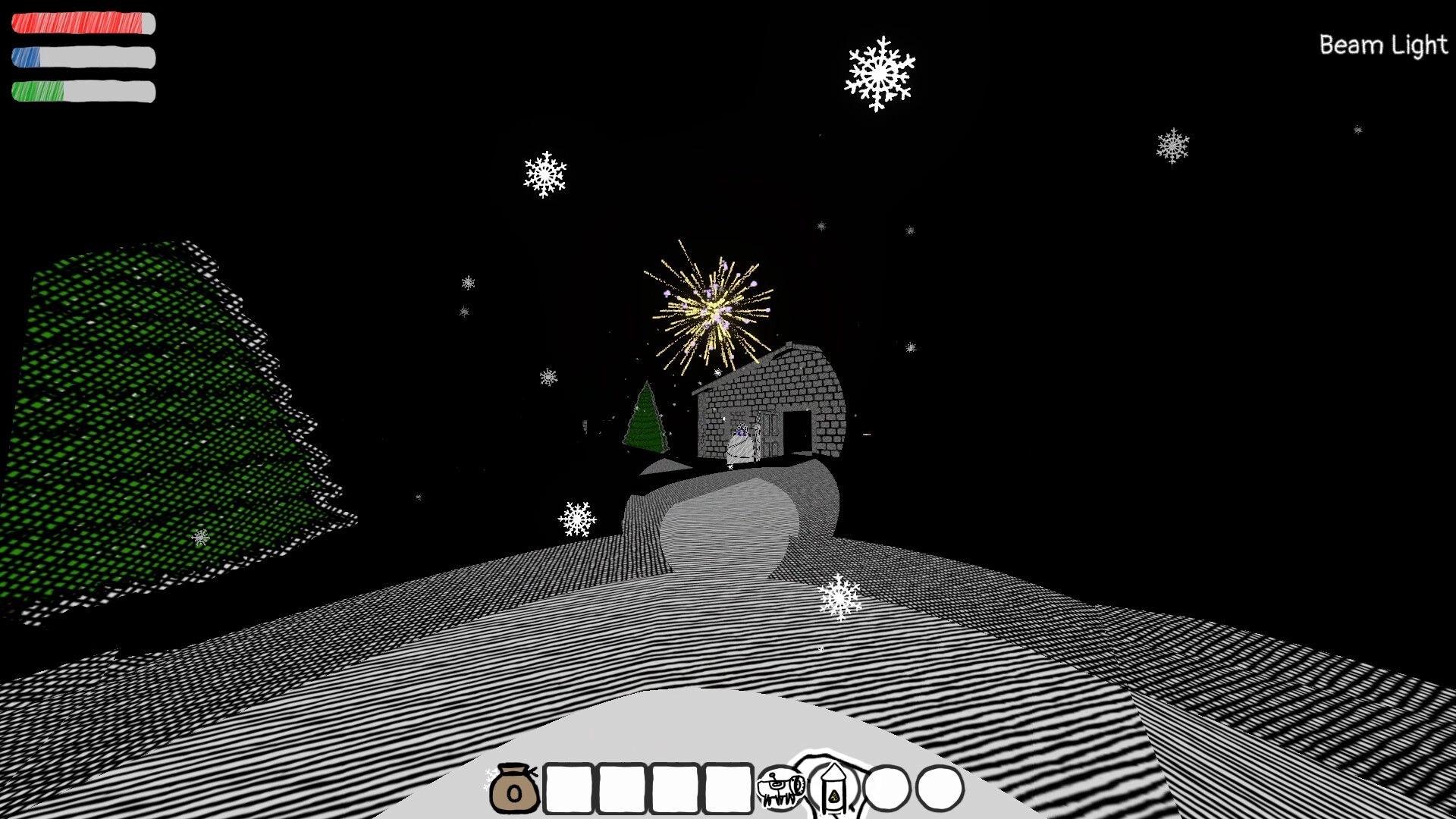 Wizard's Oblation: Snowy path leads to a stone house under fireworks, with inventory bar at the bottom.