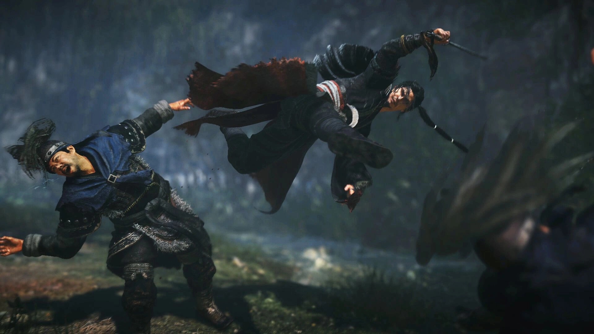 Wo Long 2: Warrior performs a flying kick on an armored foe in a misty forest battlefield scene.