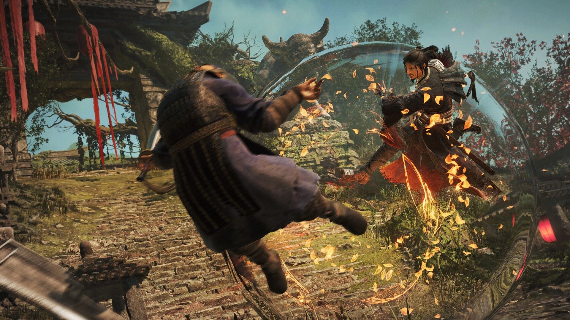 Wo Long 2: Warrior deflects a flying kick with glowing guard in ruined temple courtyard battle.