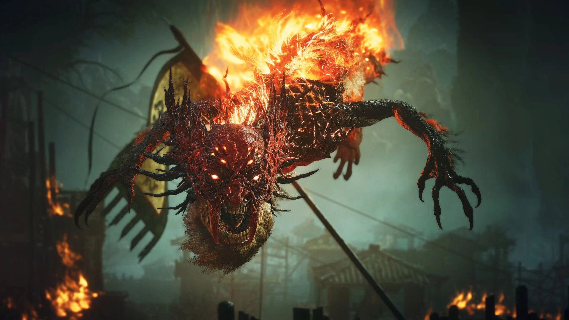 Wo Long 2: Flaming demon beast lunges forward above a smoke-filled village with burning ruins below.
