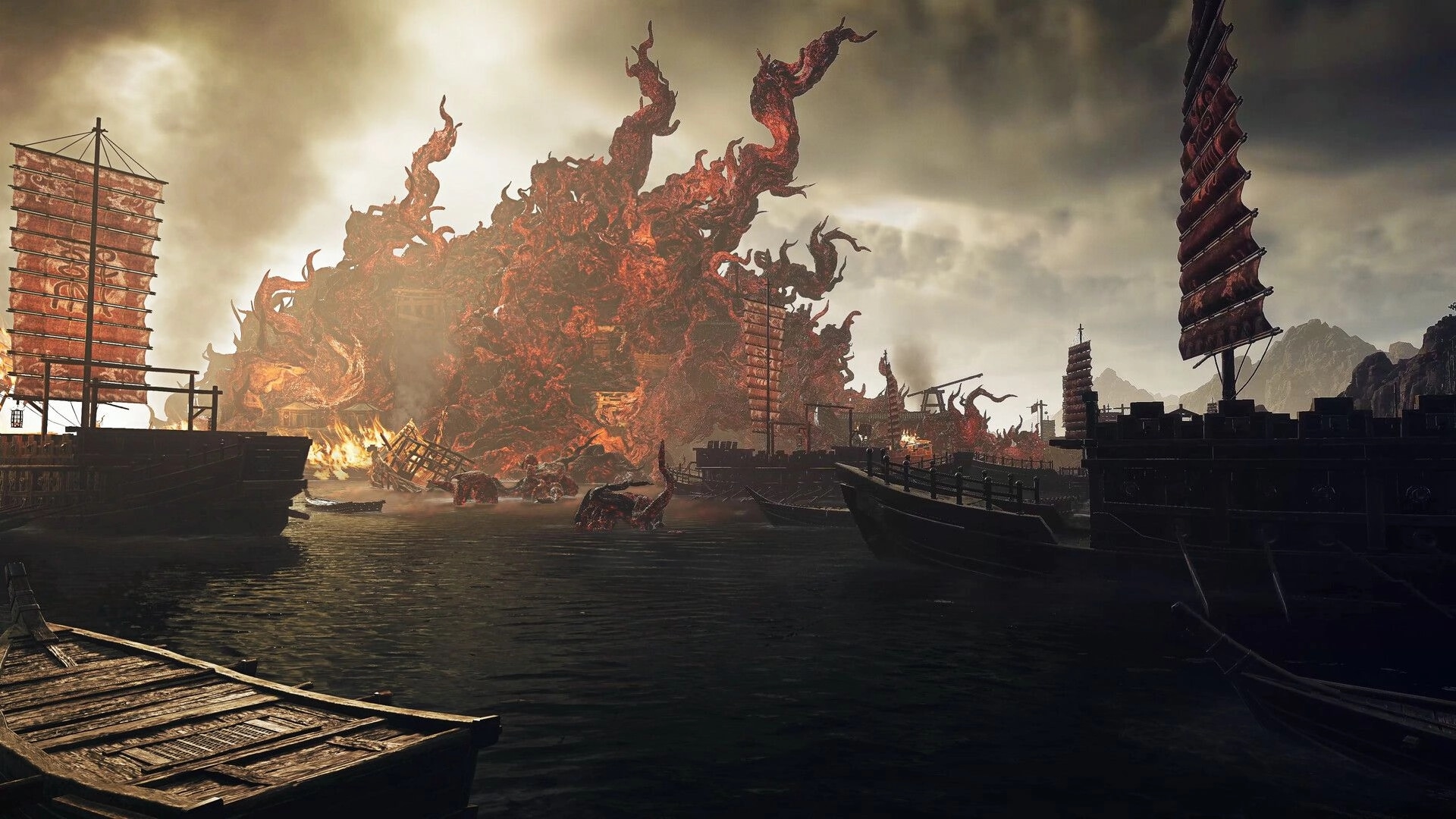 Wo Long 2: Burning demon growth engulfs riverside fleet at dusk, warships and sails silhouetted.