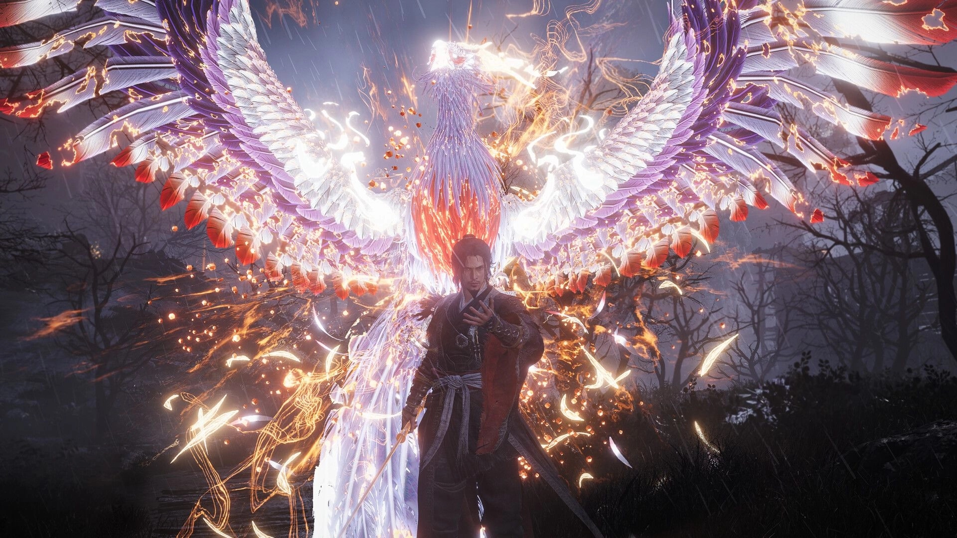 Wo Long 2: Warrior poses before a blazing phoenix spirit with wings spread in a dark, rainy forest.