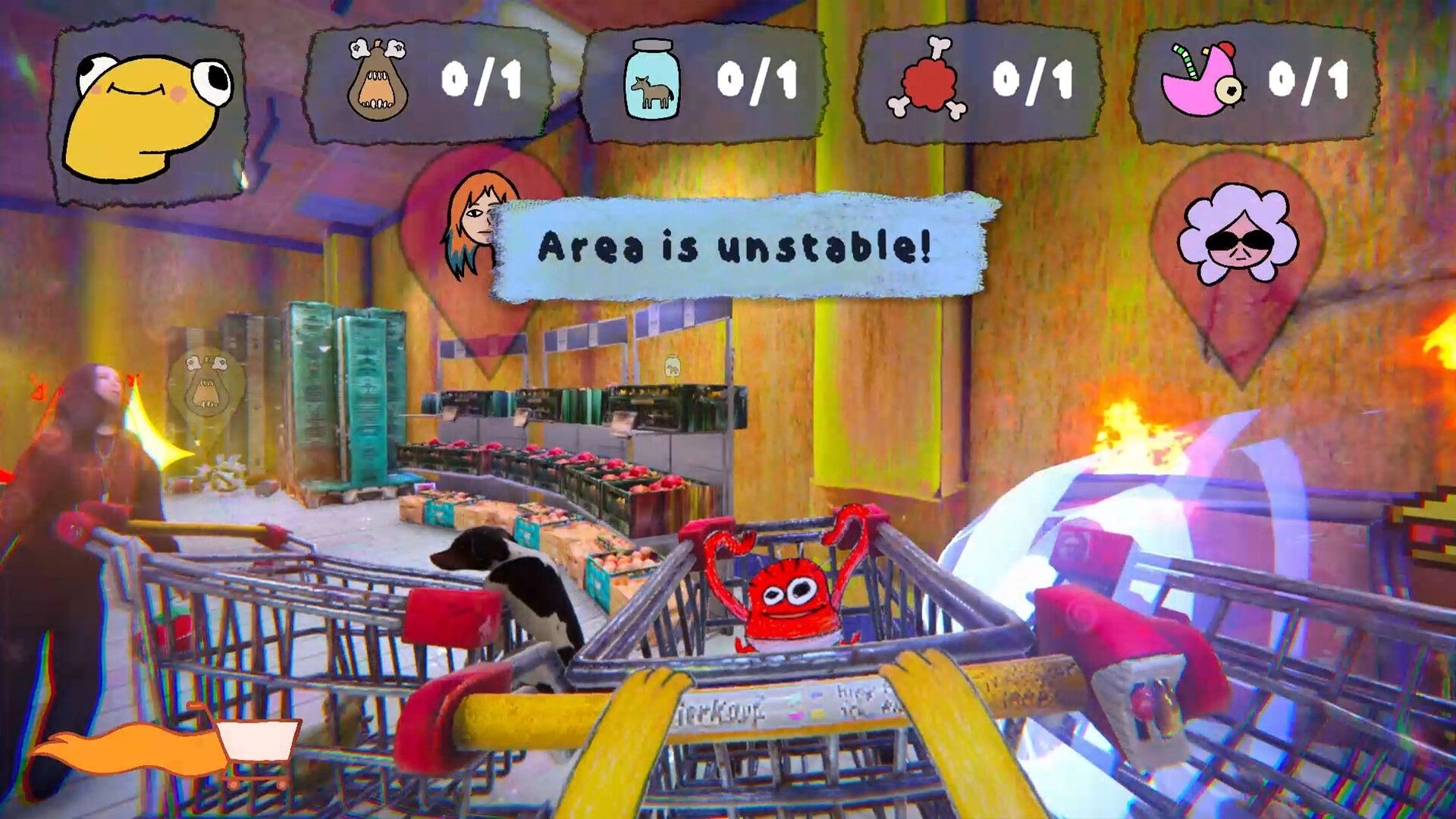 wocheneinkauf: Pushing carts in a burning supermarket aisle, “Area is unstable!” warning and item goals UI.