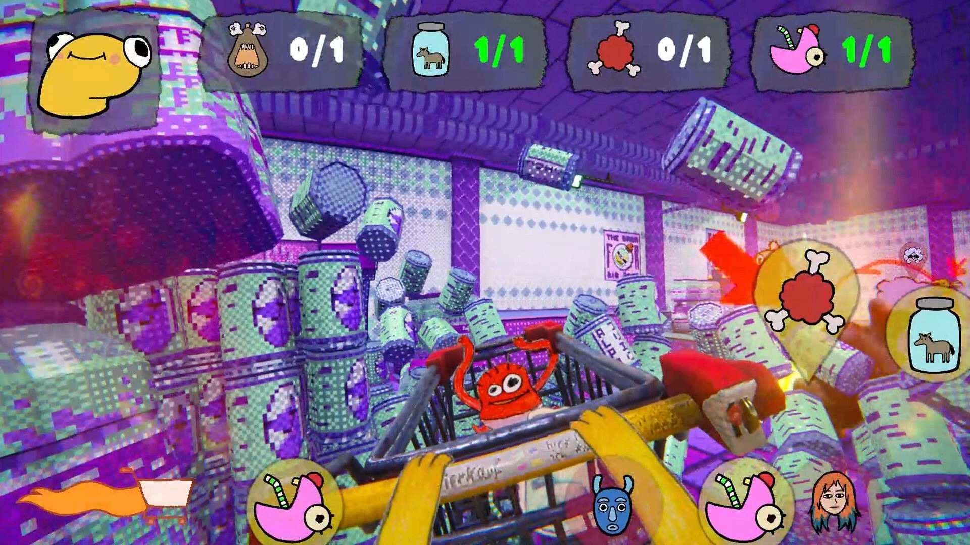 wocheneinkauf: First-person cart push through chaotic aisle with cans flying and grocery checklist UI.