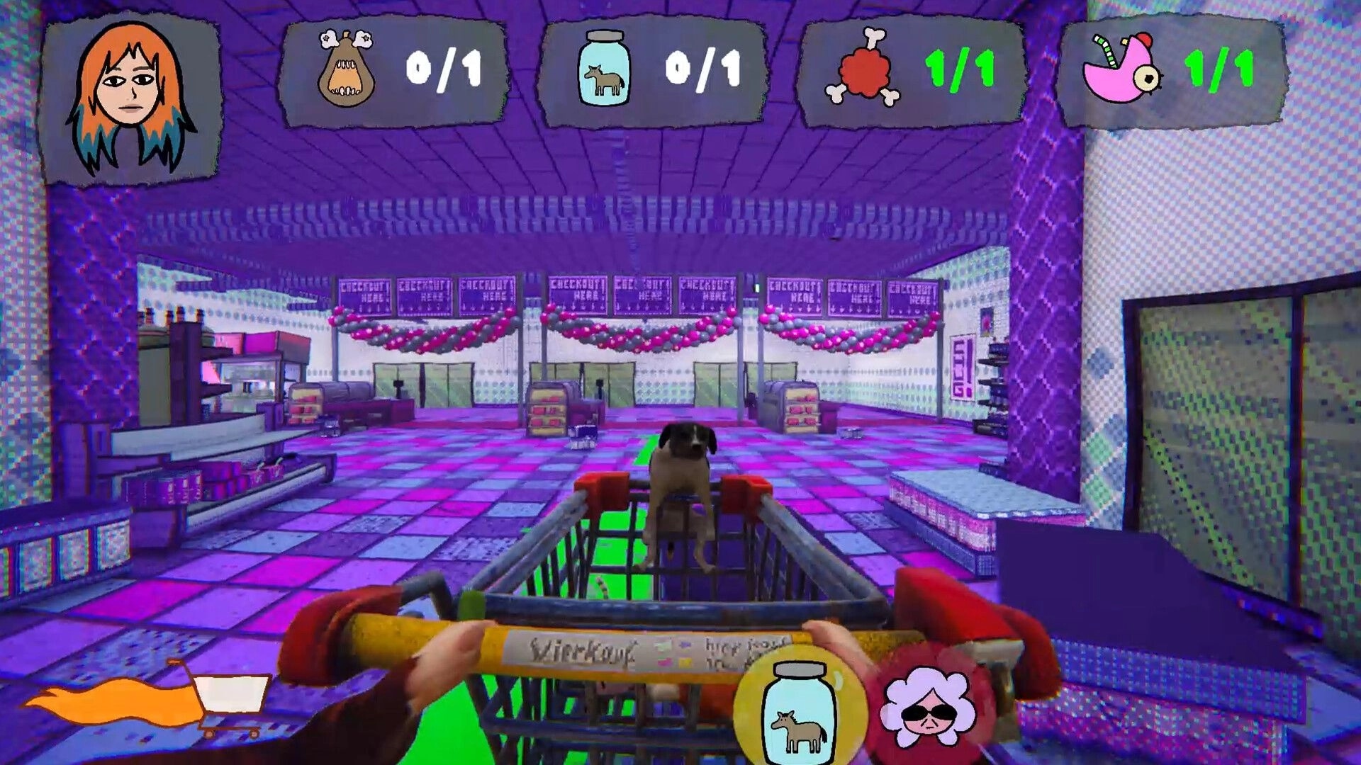wocheneinkauf: pushing a cart with a dog inside through neon supermarket checkout lanes, item HUD on top.