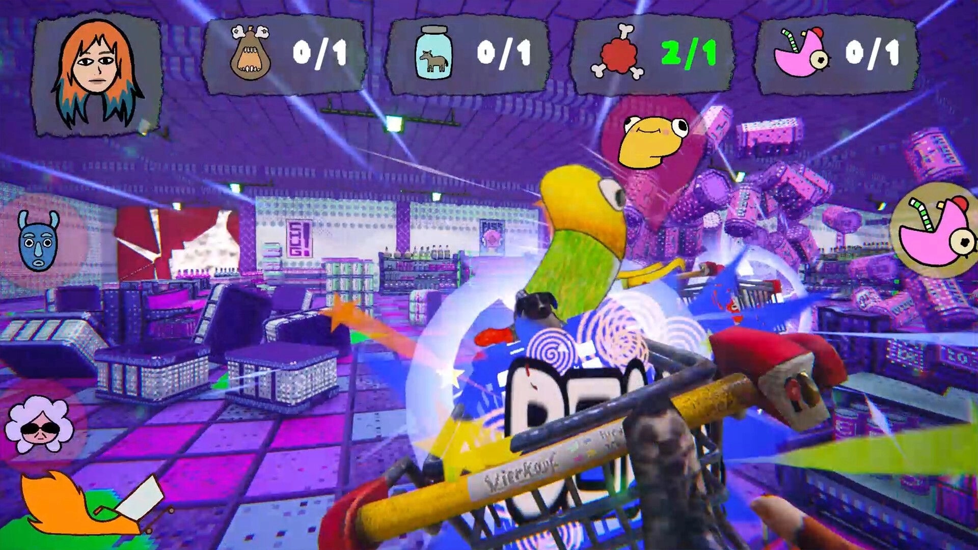 wocheneinkauf: First-person shopping cart chaos in neon supermarket with item counters and avatars UI.