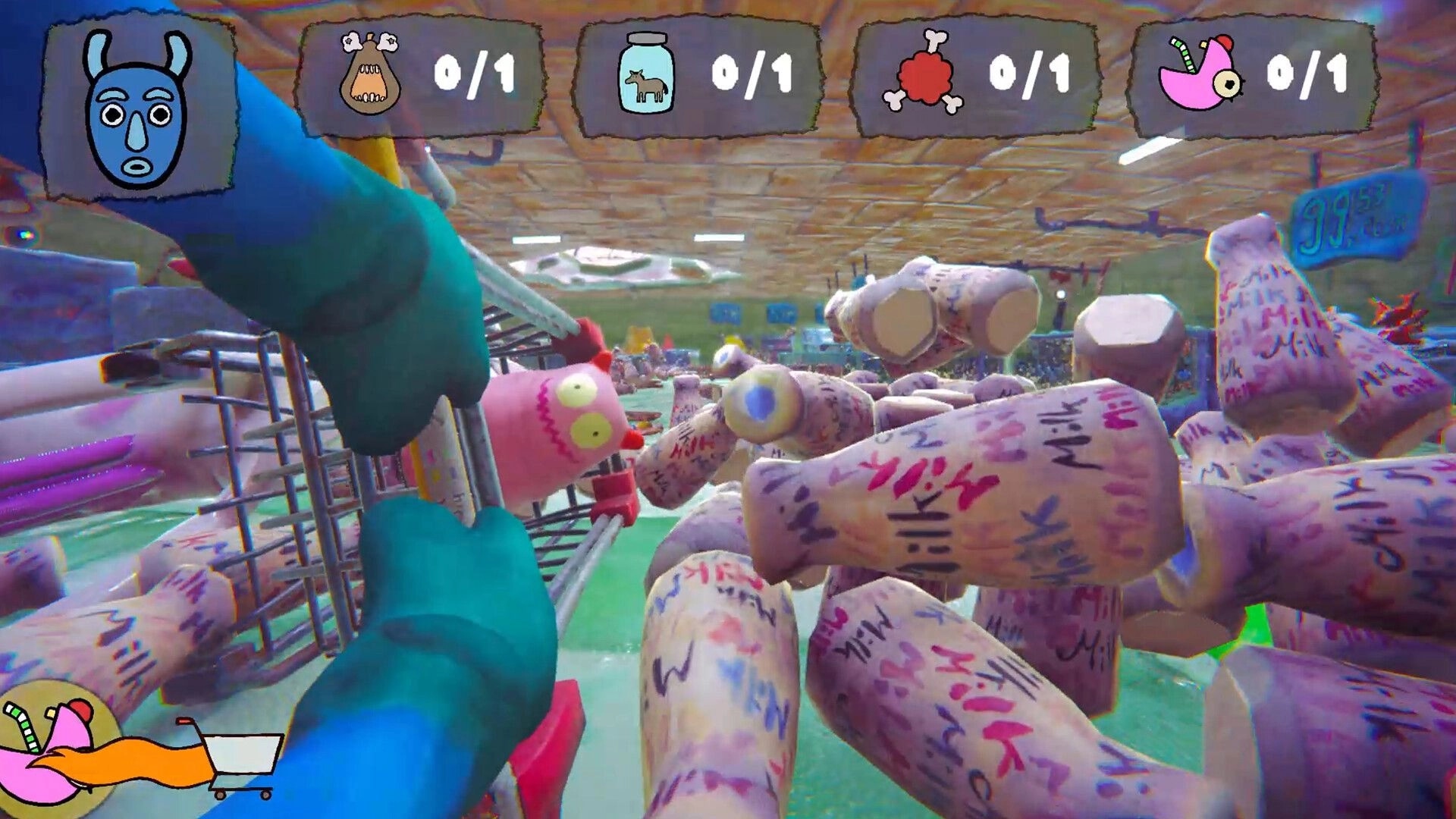 wocheneinkauf: Player pushing a cart through flying milk bottles in a supermarket aisle with 0/1 goals UI.