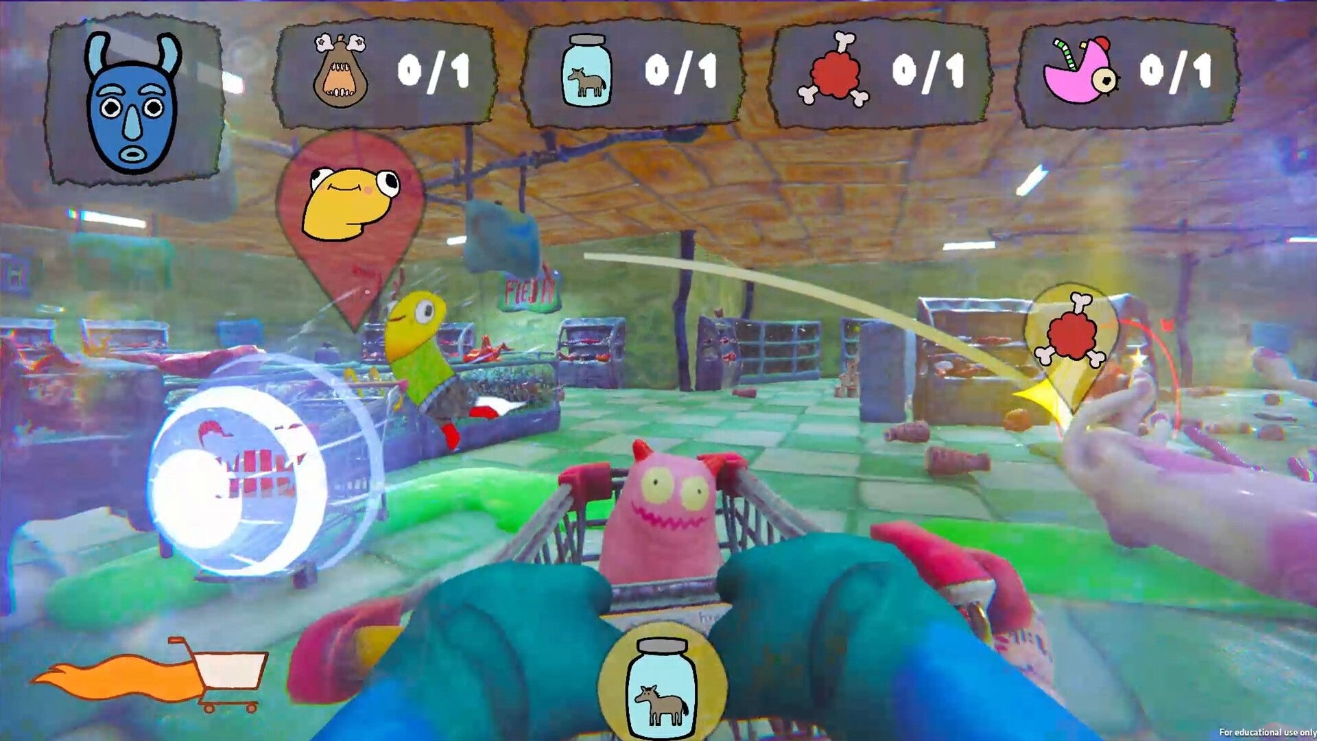 wocheneinkauf: First-person cart pushing in messy supermarket with item counters and waypoint pins UI.