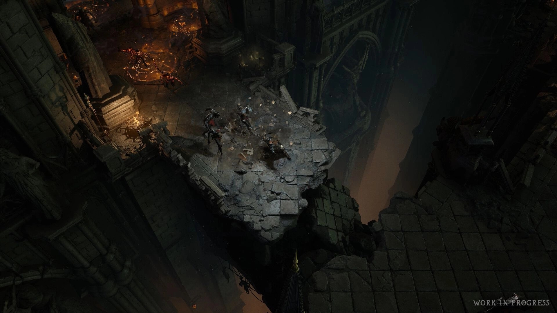 Wolcen 2: Player battles spiderlike demons on a crumbling stone platform in a shadowy cathedral hall.